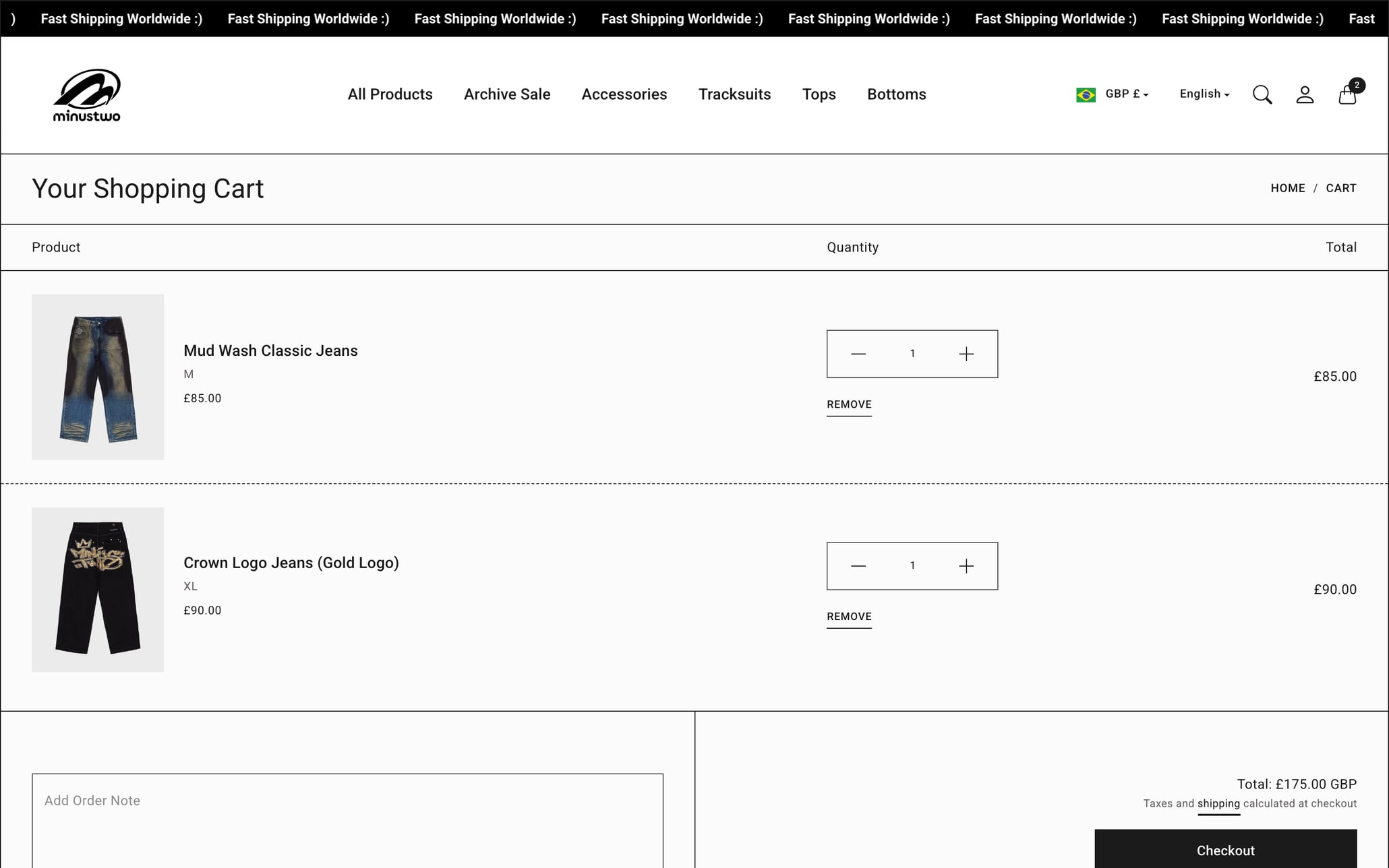 The shopping cart with two line items, quantity steppers and the order total