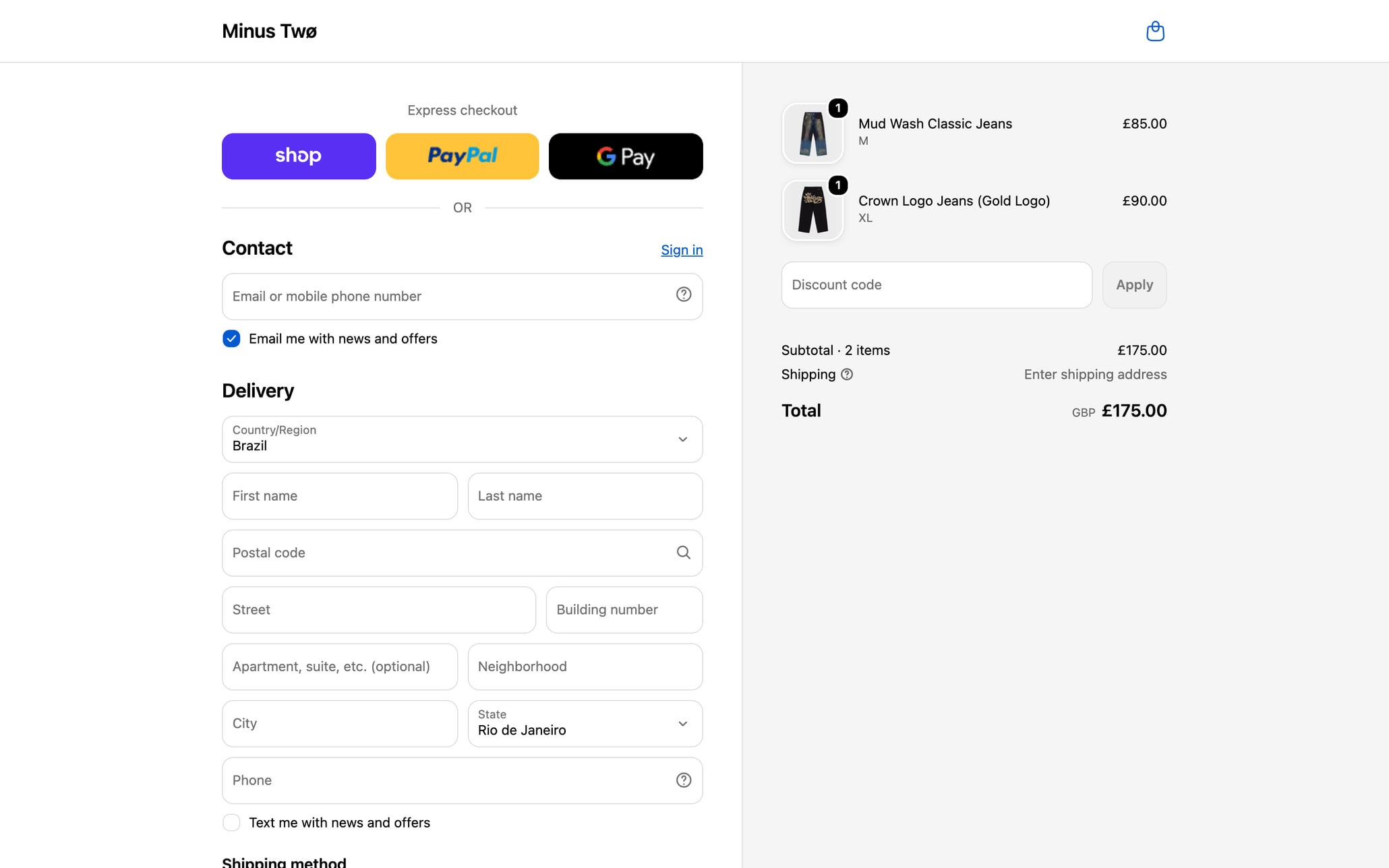 The checkout with Shop Pay, PayPal and Google Pay above the contact and delivery form