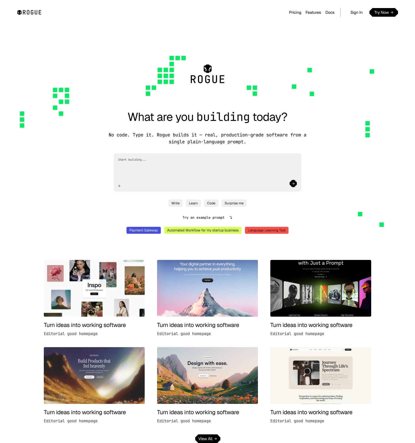 The Rogue homepage hero with the pixel-square motif and a single prompt input