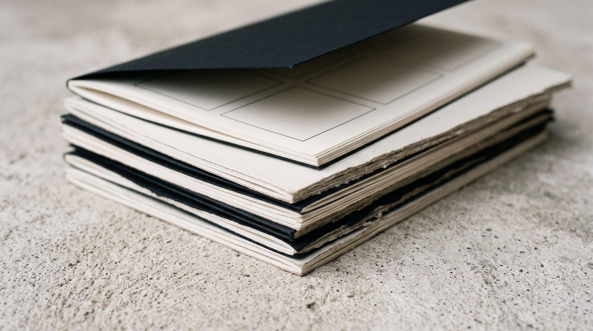 A stack of printed matter resting on a concrete surface
