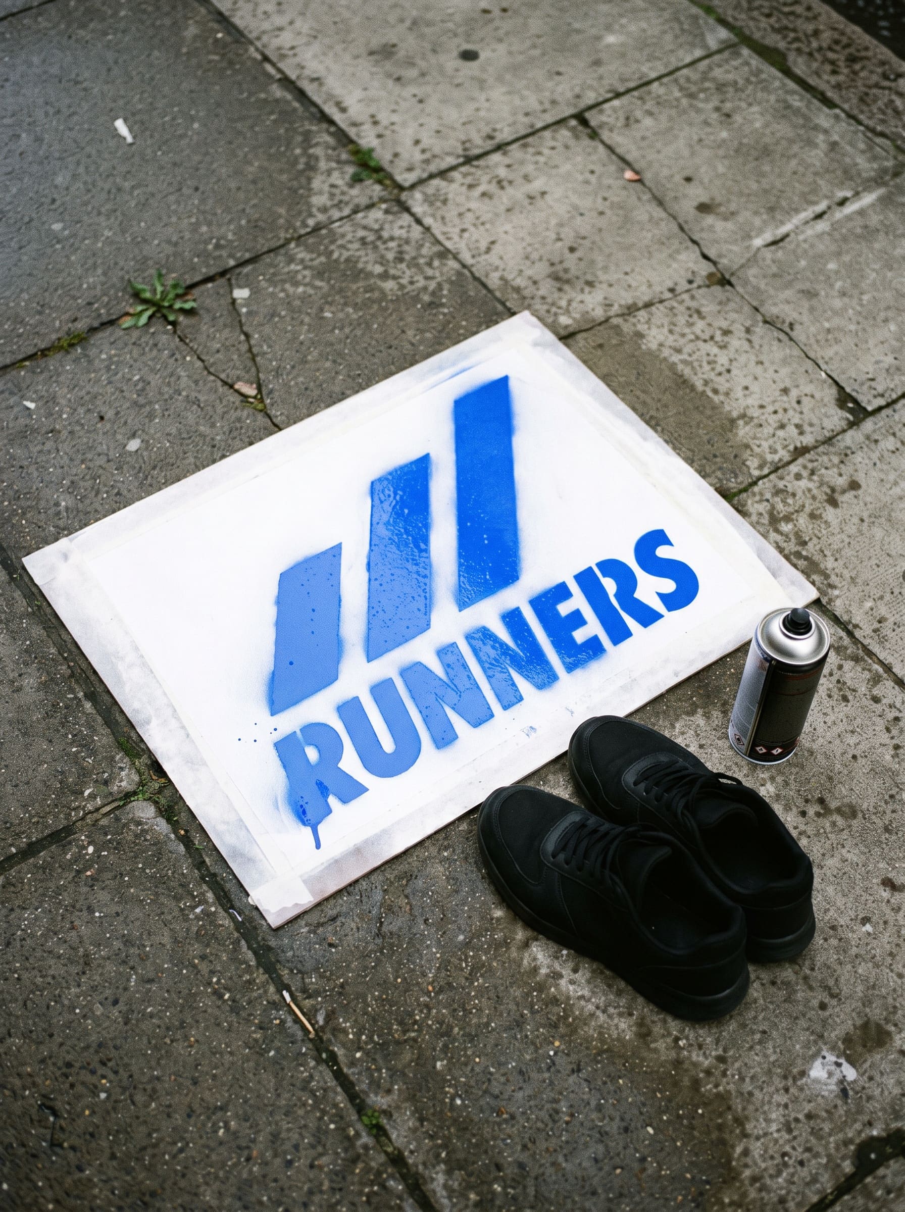 Near-monochrome overhead photo of a pair of black trainers and a spray can resting on a sidewalk beside a finished blue RUNNERS stencil printed on the pavement