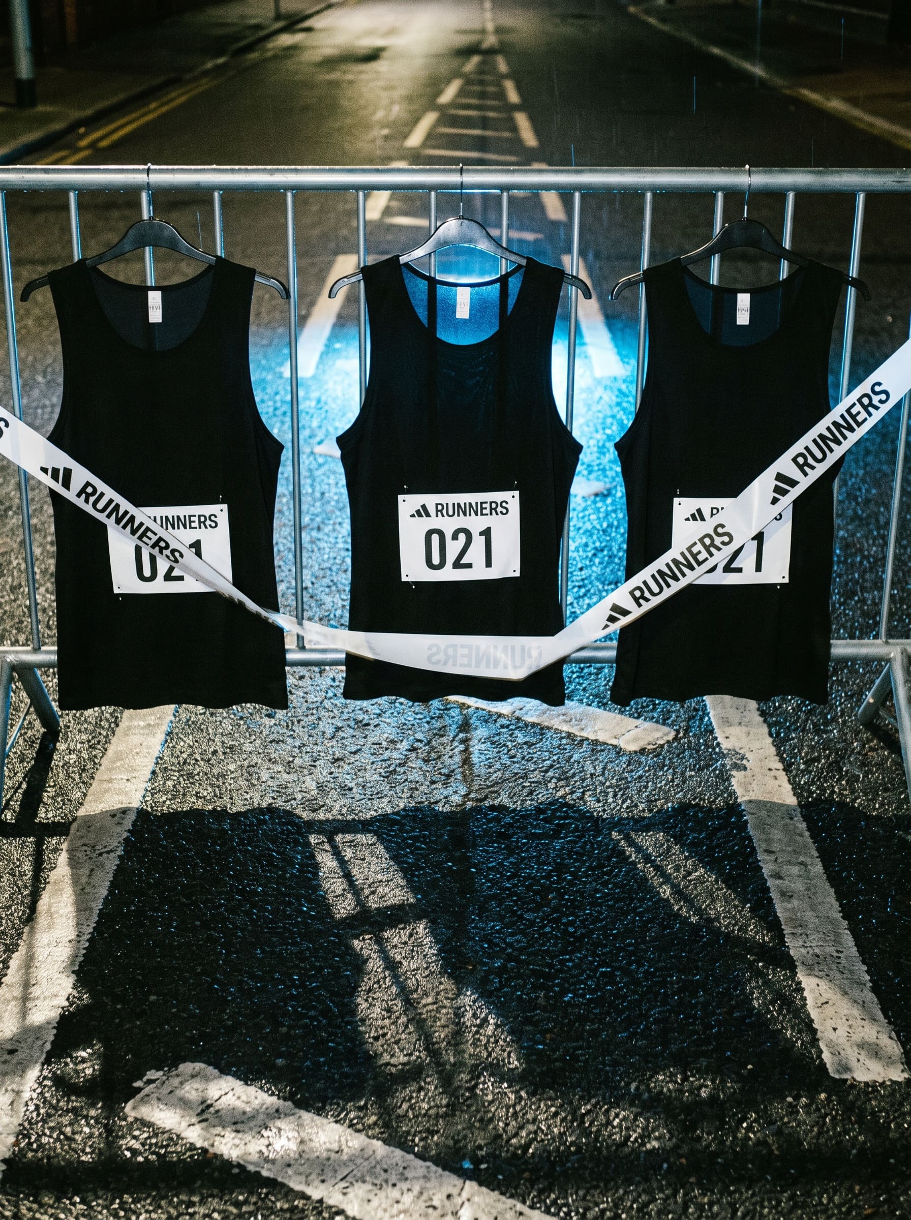Grainy night photo of three unbranded black race vests hung abreast on a rail, breaking a white finish tape printed with RUNNERS