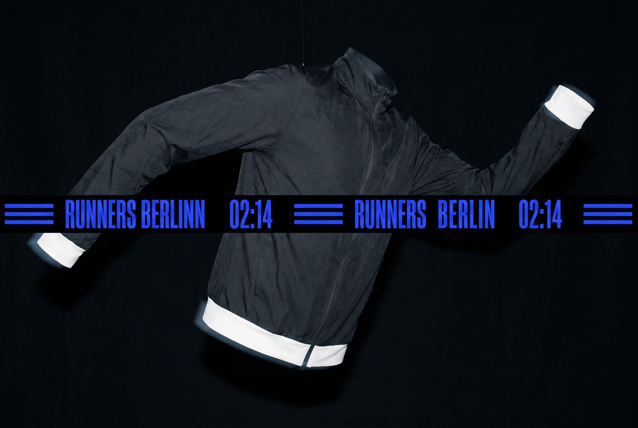 Flash-lit black running jacket shaped as a hollow ghost-mannequin mid-stride on black with a repeating blue RUNNERS BERLIN 02:14 ticker across the frame