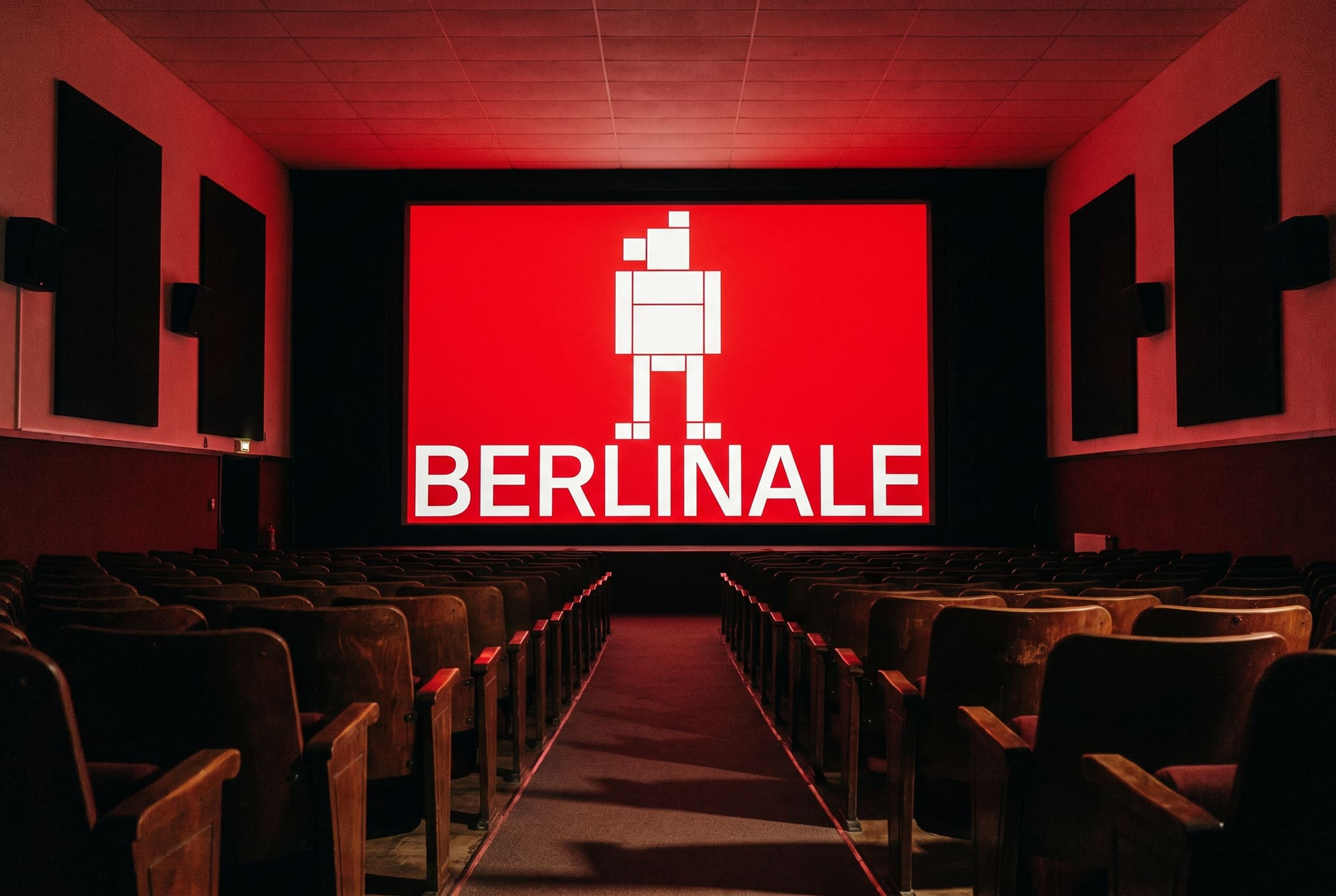 A large cinema auditorium seen from the back with empty rows of seats, the screen ahead showing the Berlinale title card in white on red.