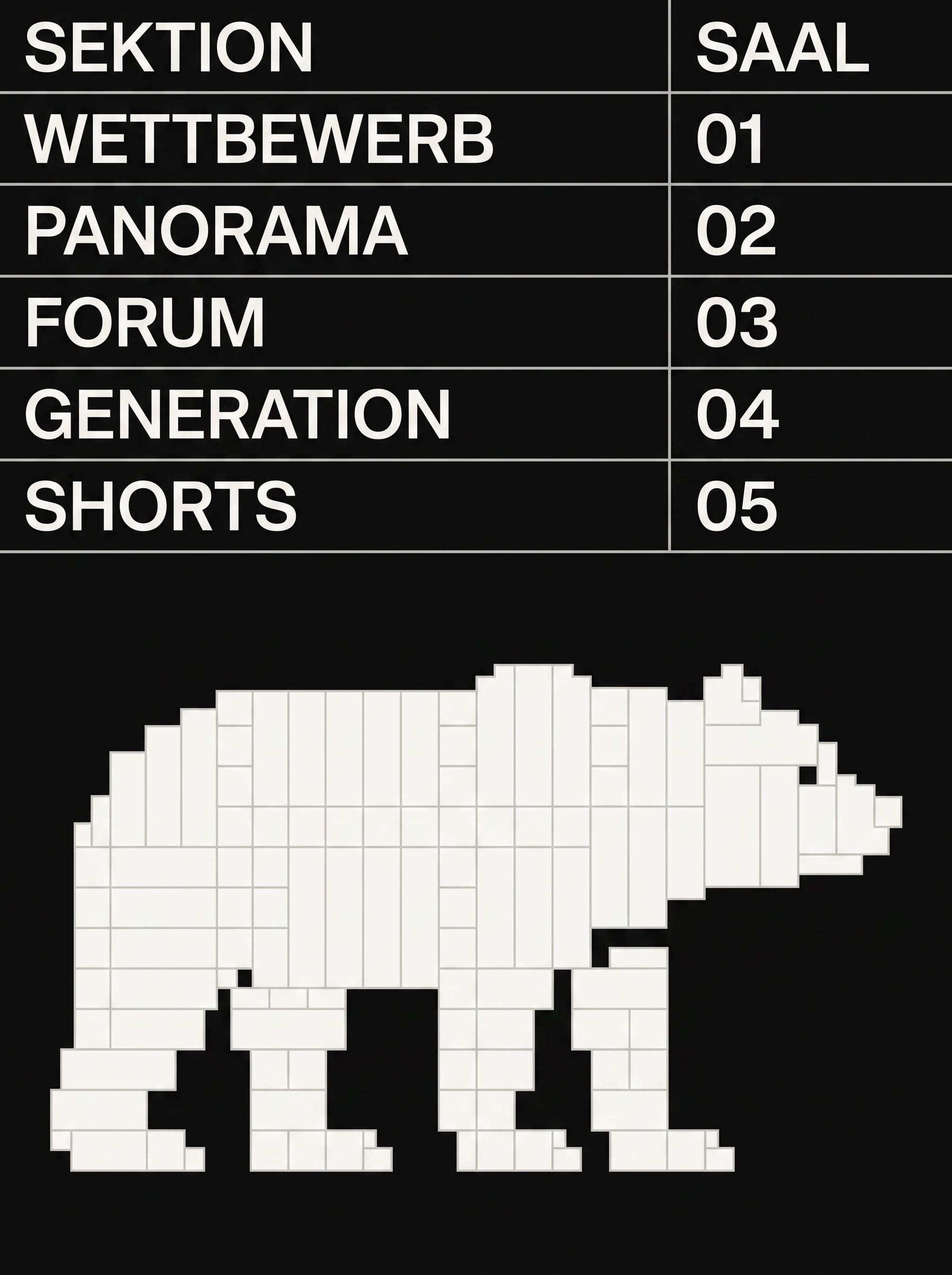 Flat black page listing Berlinale section names in white ruled tabular columns