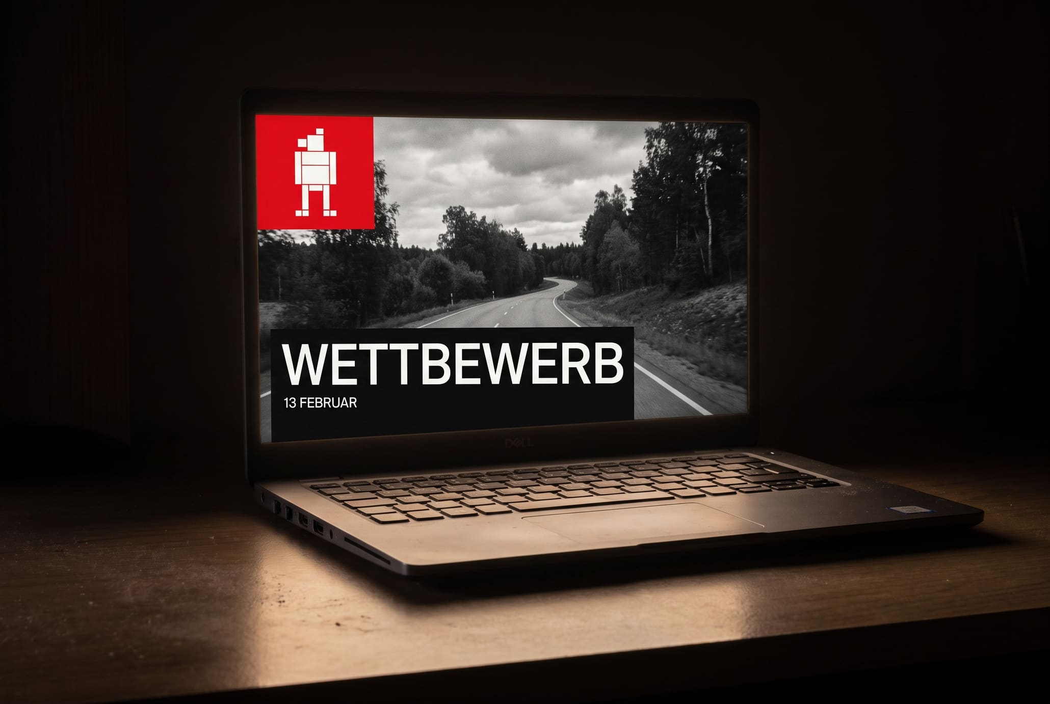 A closed laptop sits squared on a dusty desk in a dark room, its screen glowing with a black-and-white landscape film still and the Berlinale programme mark and text laid over the lower half.