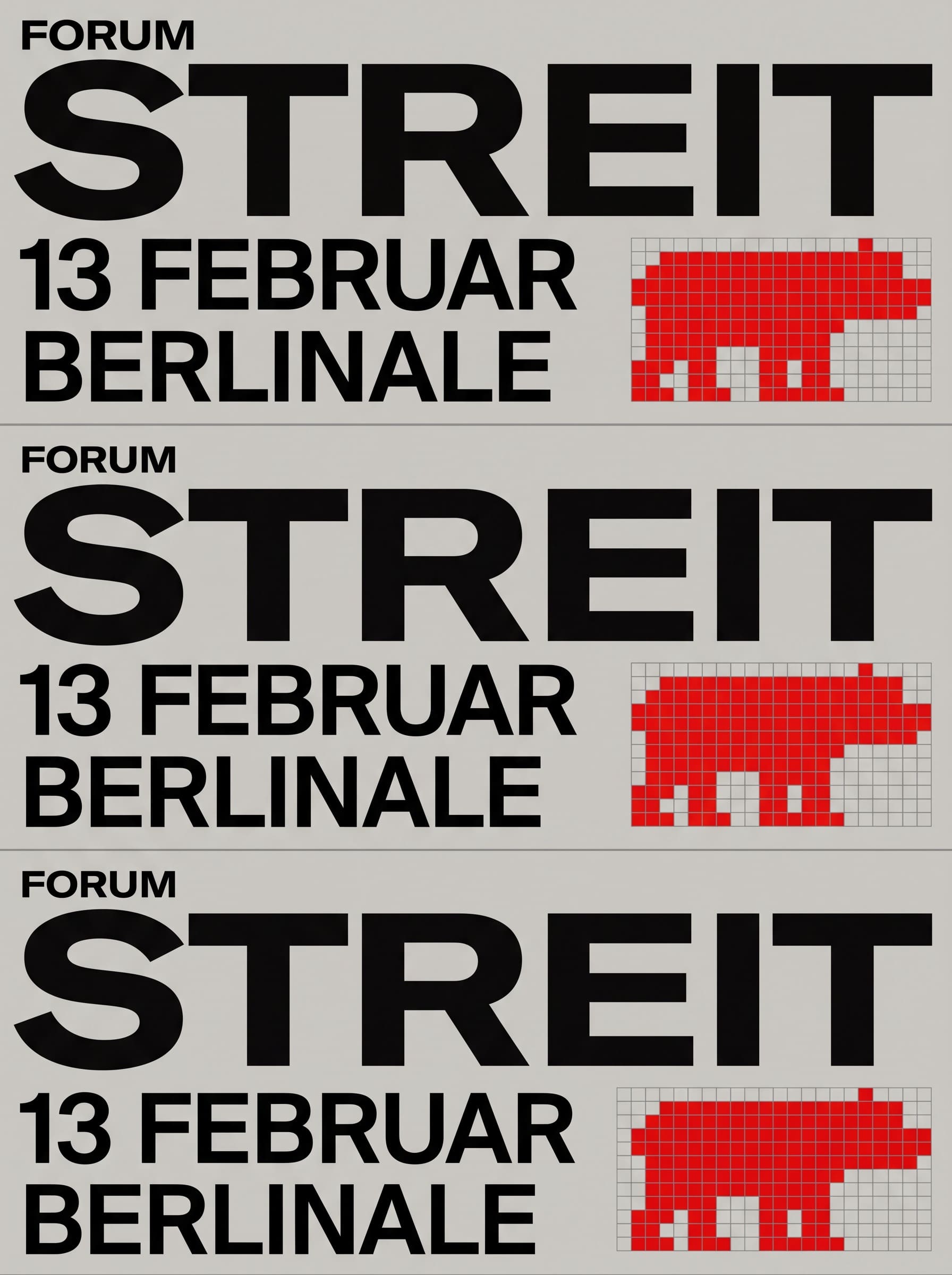 Flat grey poster reading STREIT in heavy black caps, repeated above and below