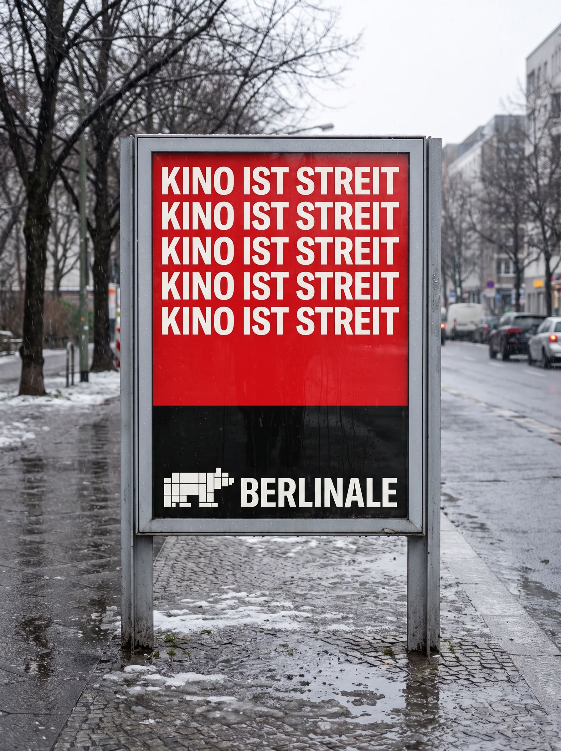 Red street poster case in a wet Berlin street repeating the line KINO IST STREIT