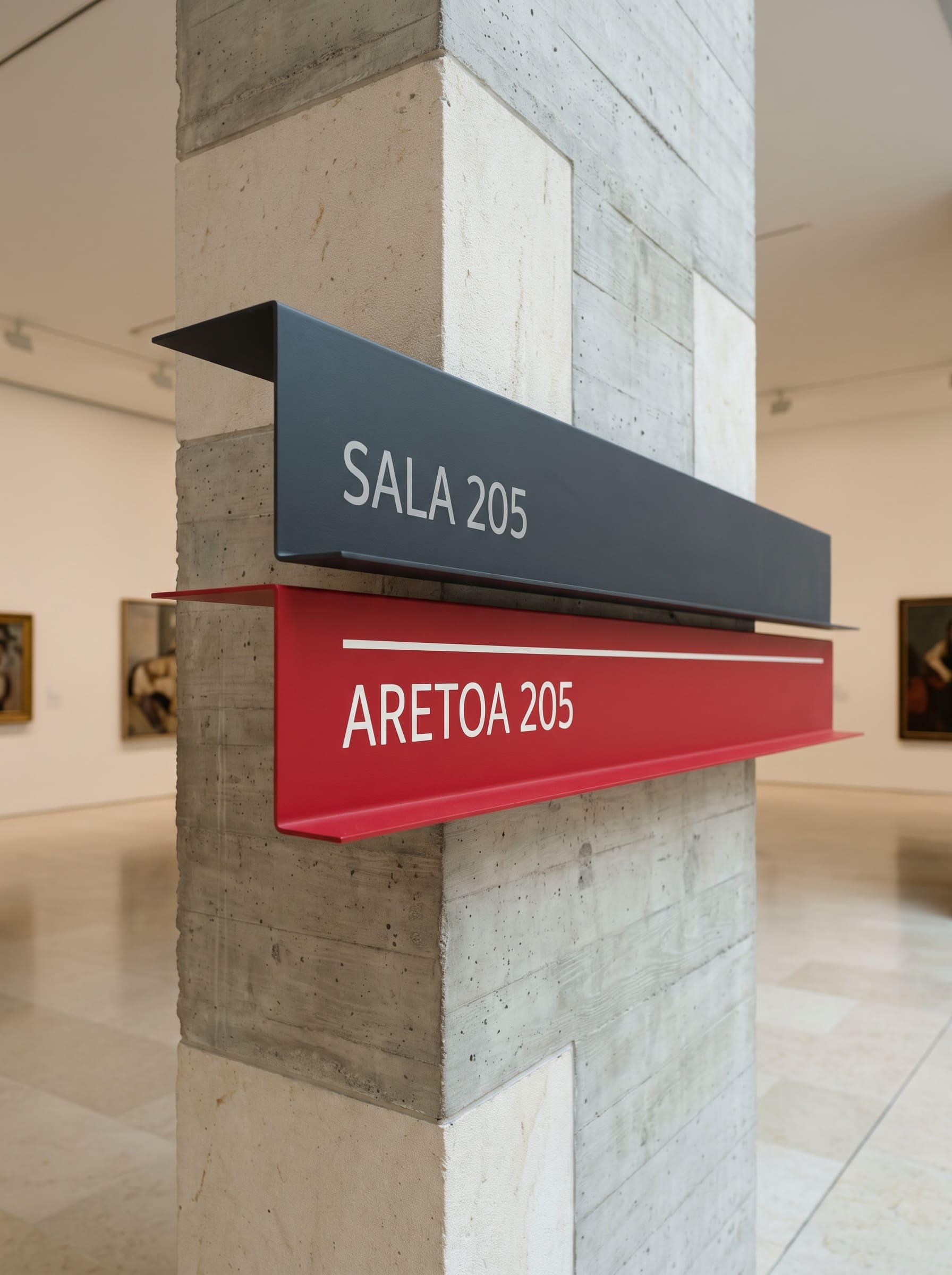 Two steel sign blades on a column reading SALA 205 in slate and ARETOA 205 in red