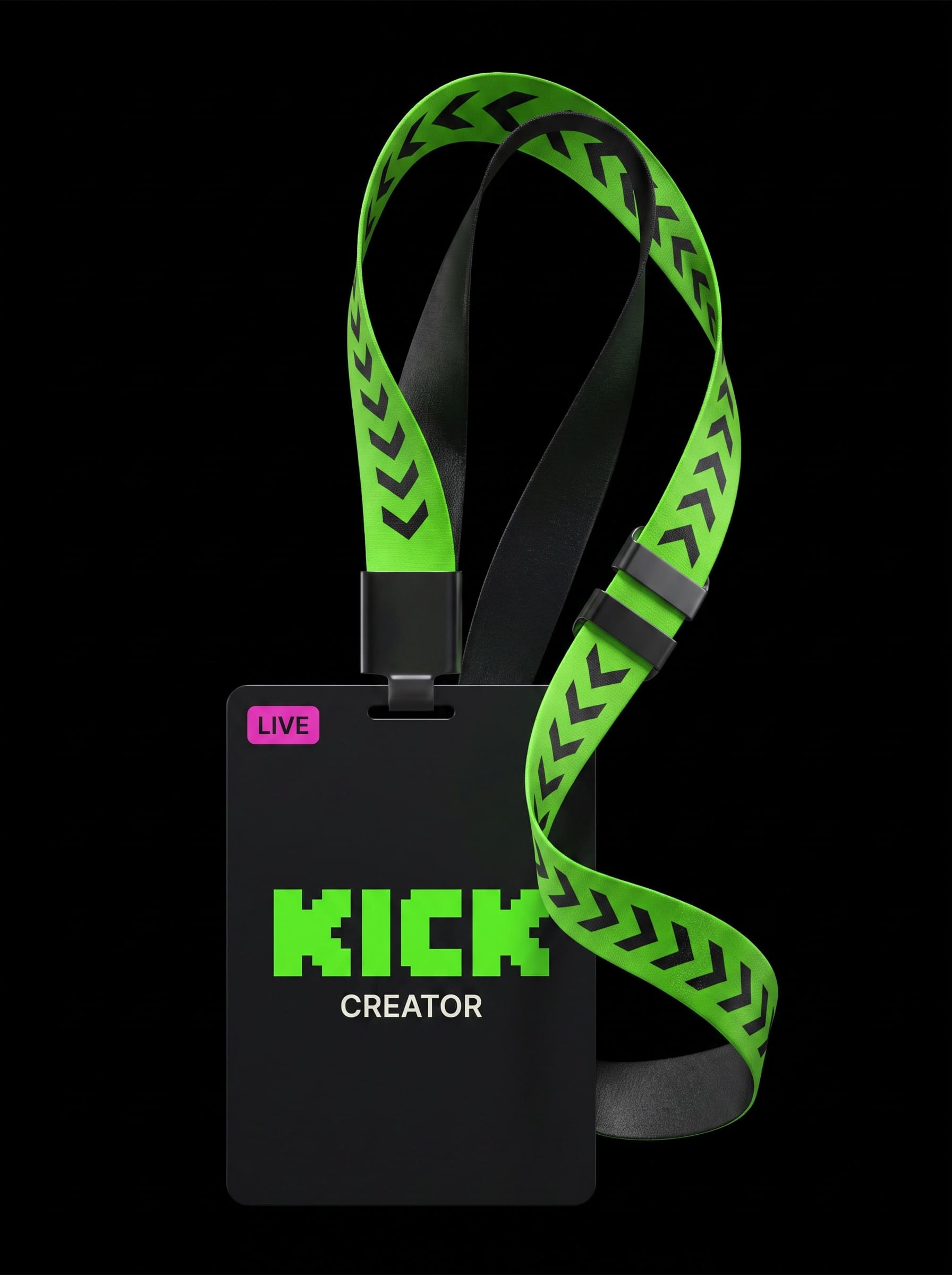 Render of an acid green lanyard printed with black chevrons, holding a matte black KICK creator badge.