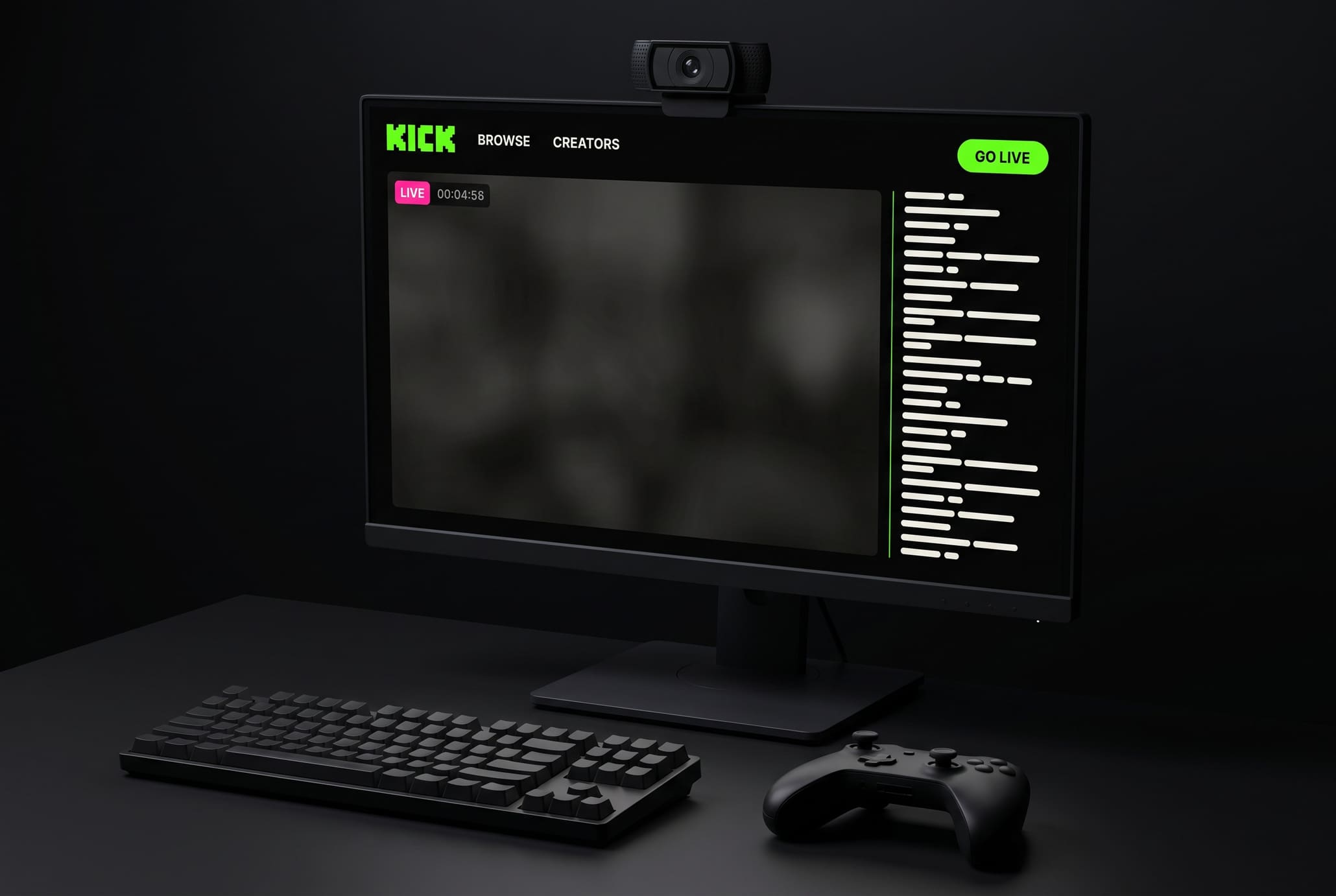 Monitor standing on a dark desk showing a black Kick live stream page with chat and a magenta LIVE chip, flanked by a mechanical keyboard and a game controller resting on the desk.