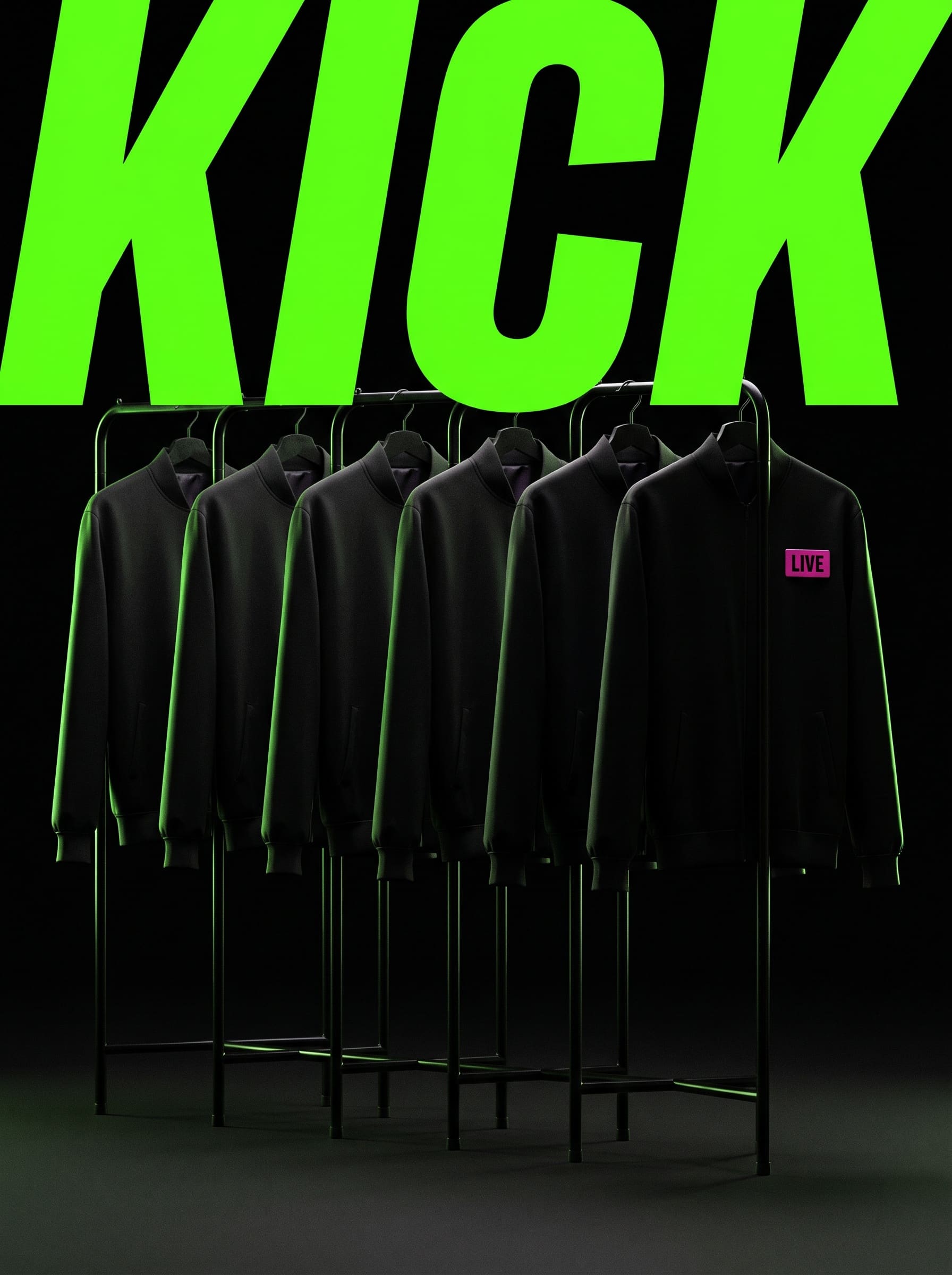 Poster of six ghost-mannequin garments hung on rails against black, edge-lit green and magenta, KICK locked across the top.