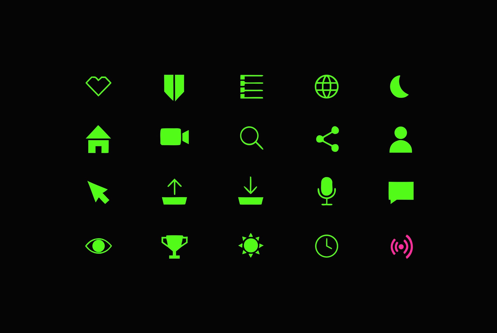 Flat grid of twenty green line icons on black, the last broadcast icon drawn in magenta.