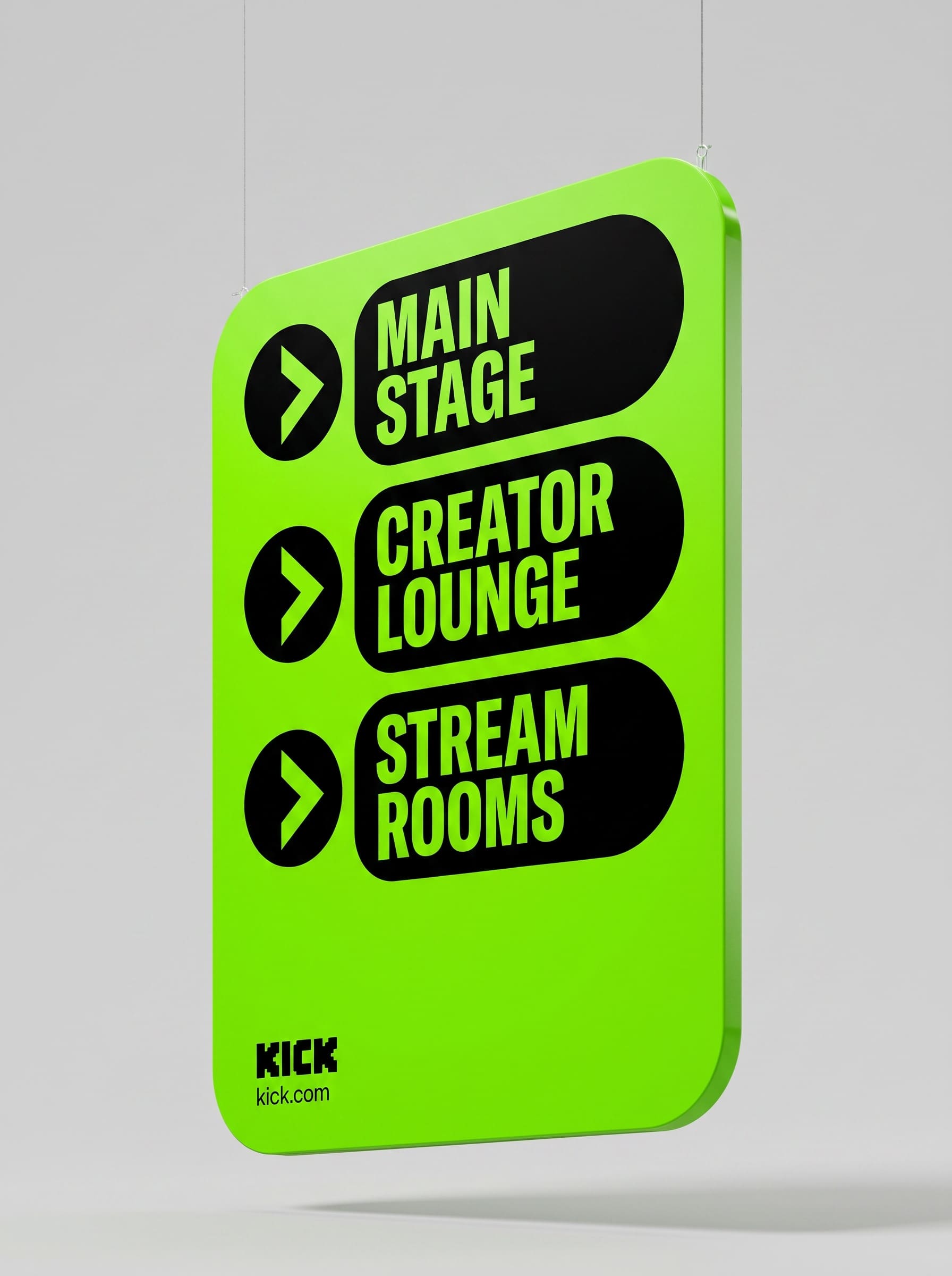 Hanging wayfinding panel on grey where every green surface, from panel face to knocked-out type, holds the identical flat acid green #53FC18.
