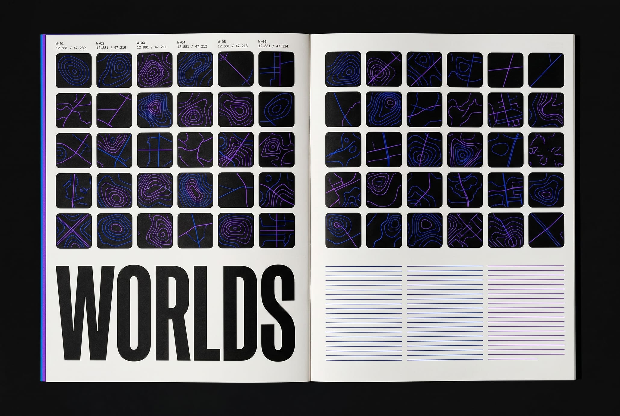 A flat magazine spread with a grid of small black map tiles and the huge word WORLDS
