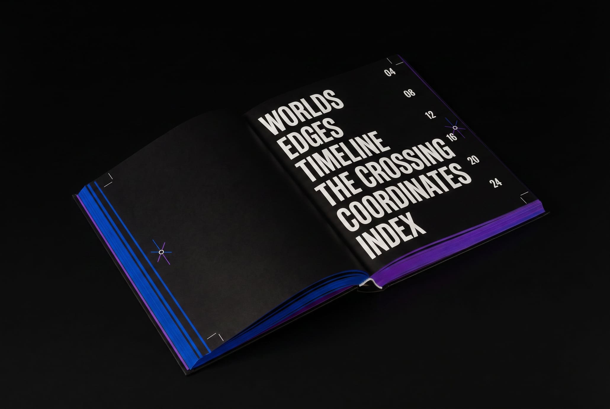 An open black book angled on a dark surface showing a white contents list and blue and violet register marks