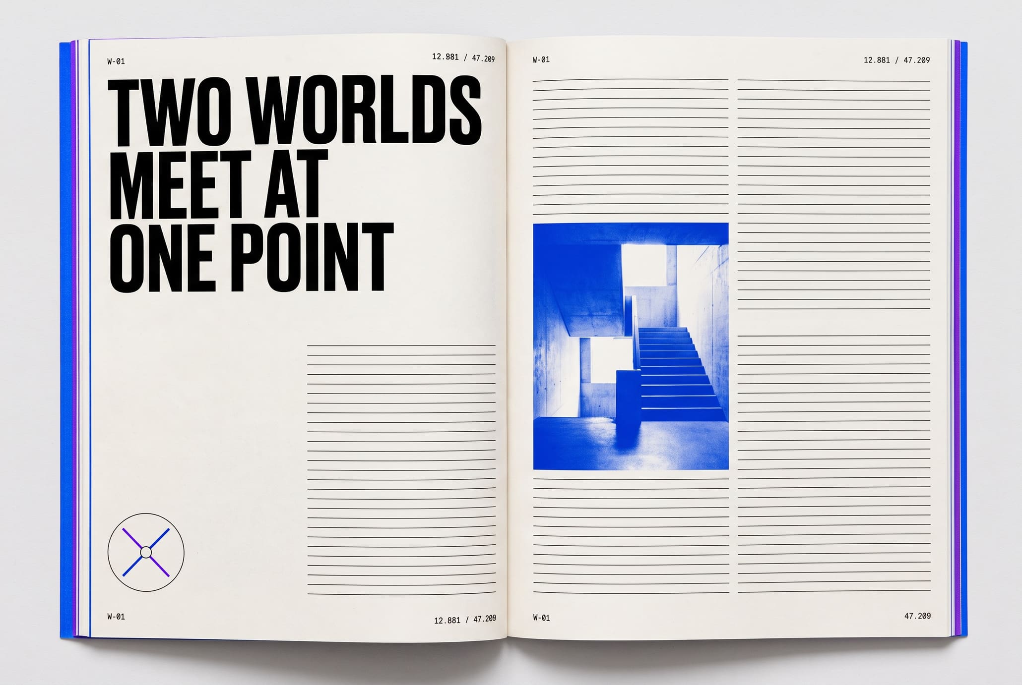 A tightly cropped white editorial spread with a black three-line pull quote and a blue duotone interior photograph
