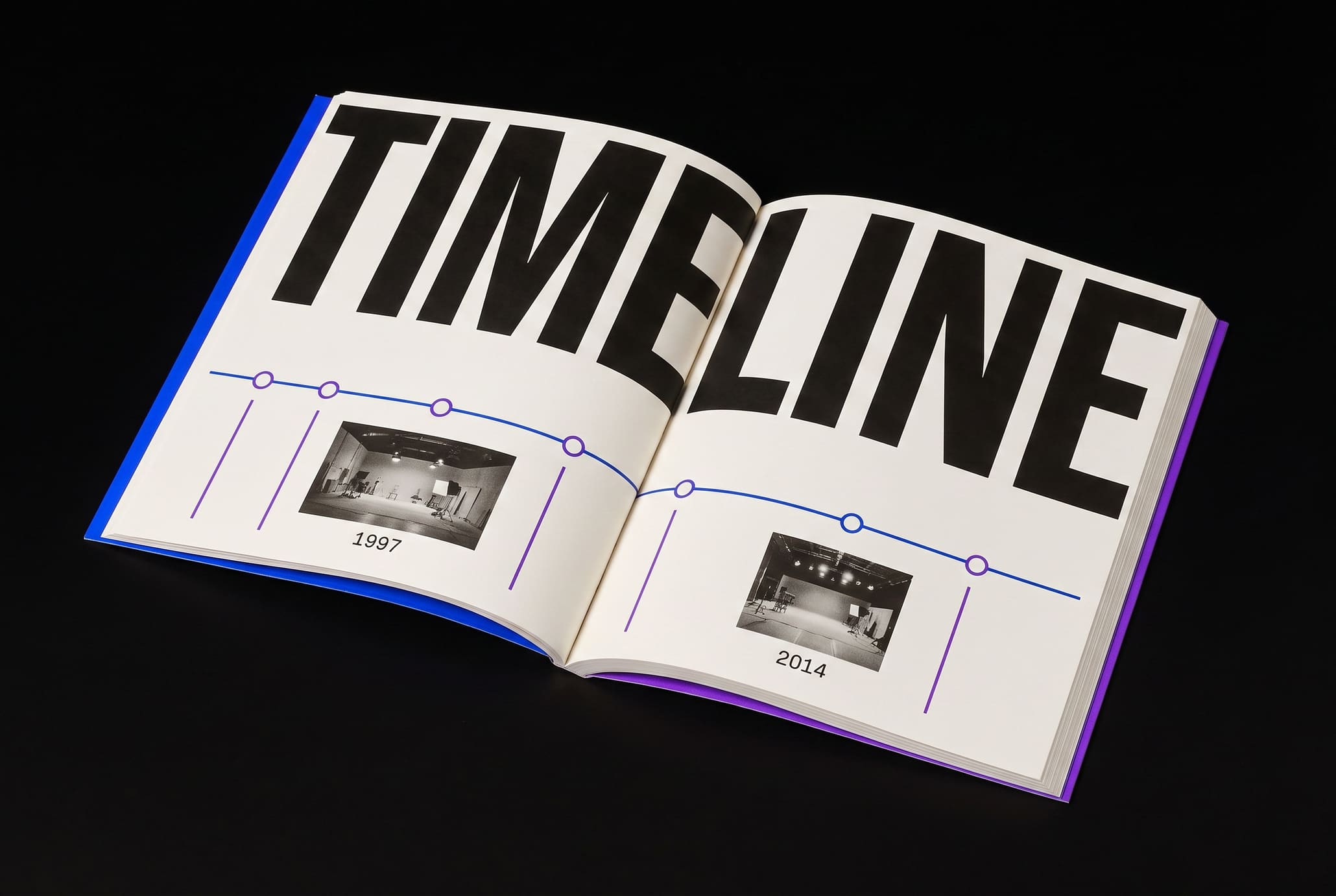 An angled open book with the huge word TIMELINE and a blue rule carrying ringed nodes across both pages