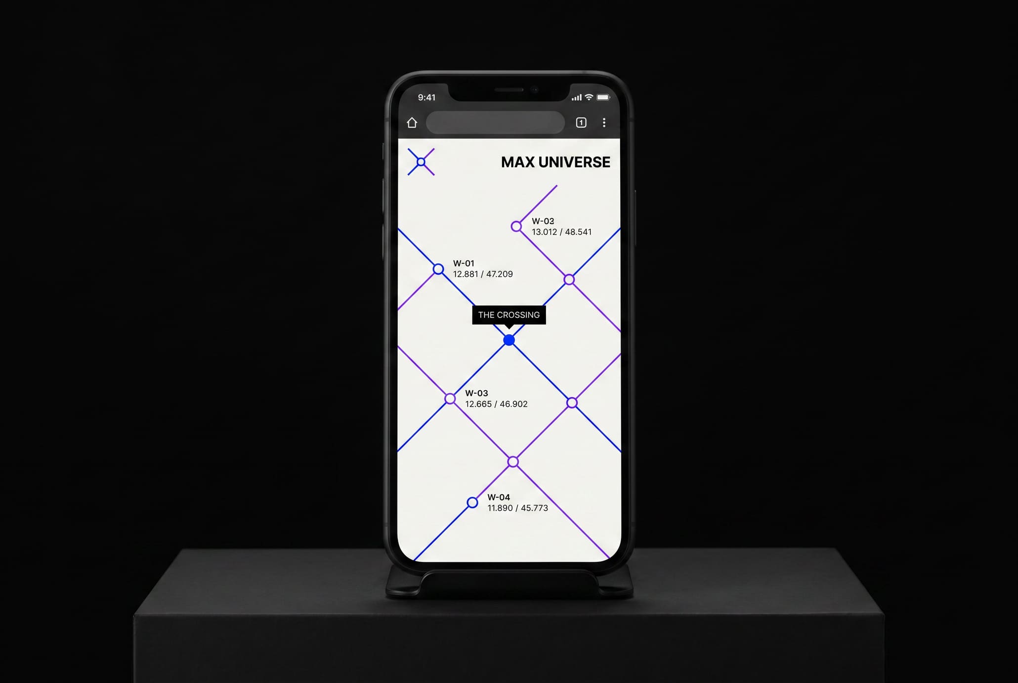 A phone standing upright on a plinth showing a white app screen with blue and violet crossing routes and coordinate labels