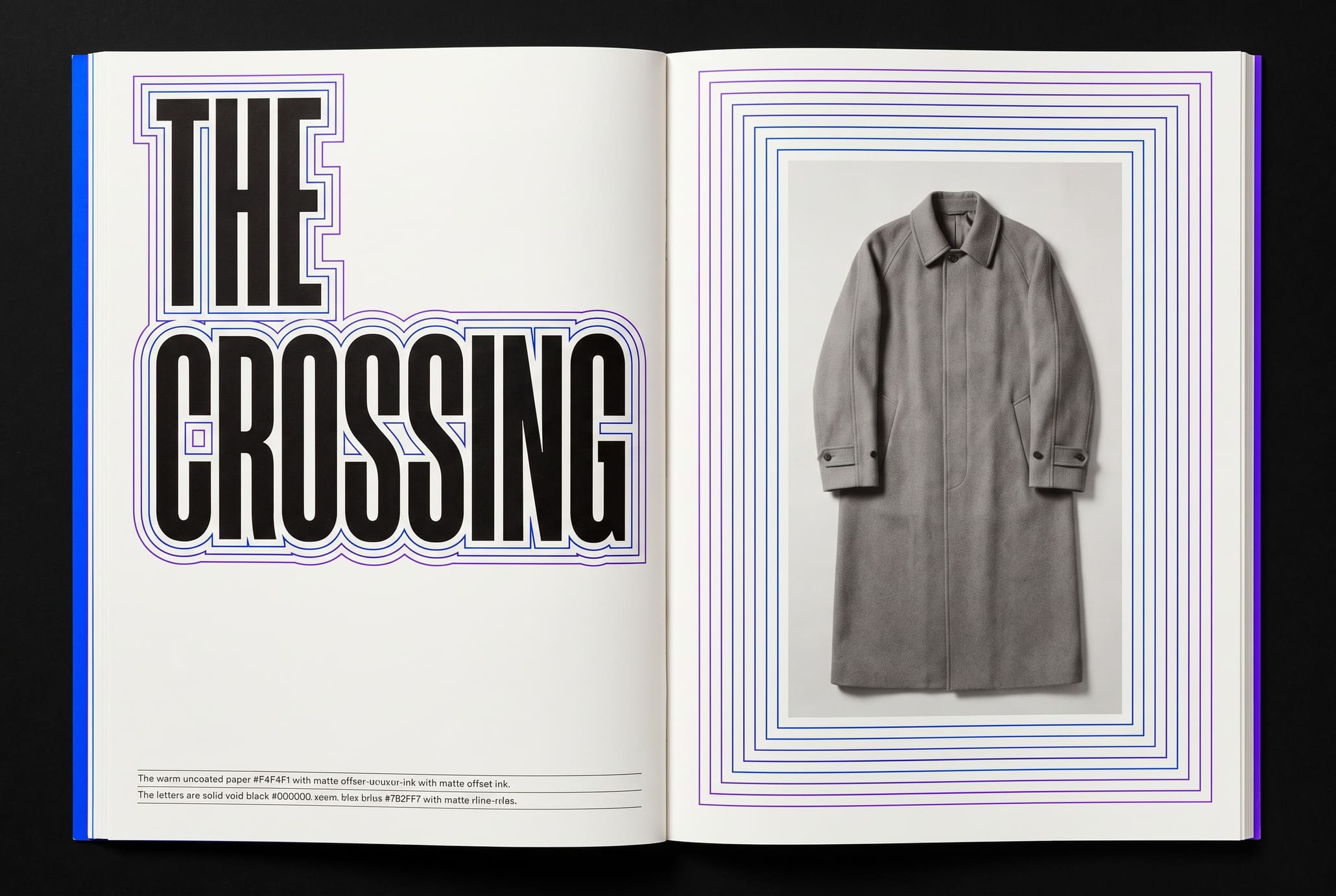 A flat spread with the words THE CROSSING in layered blue and violet outlines beside a framed photograph of a long wool coat laid flat with its collar and cuffs closed, resting on a pale grey surface.