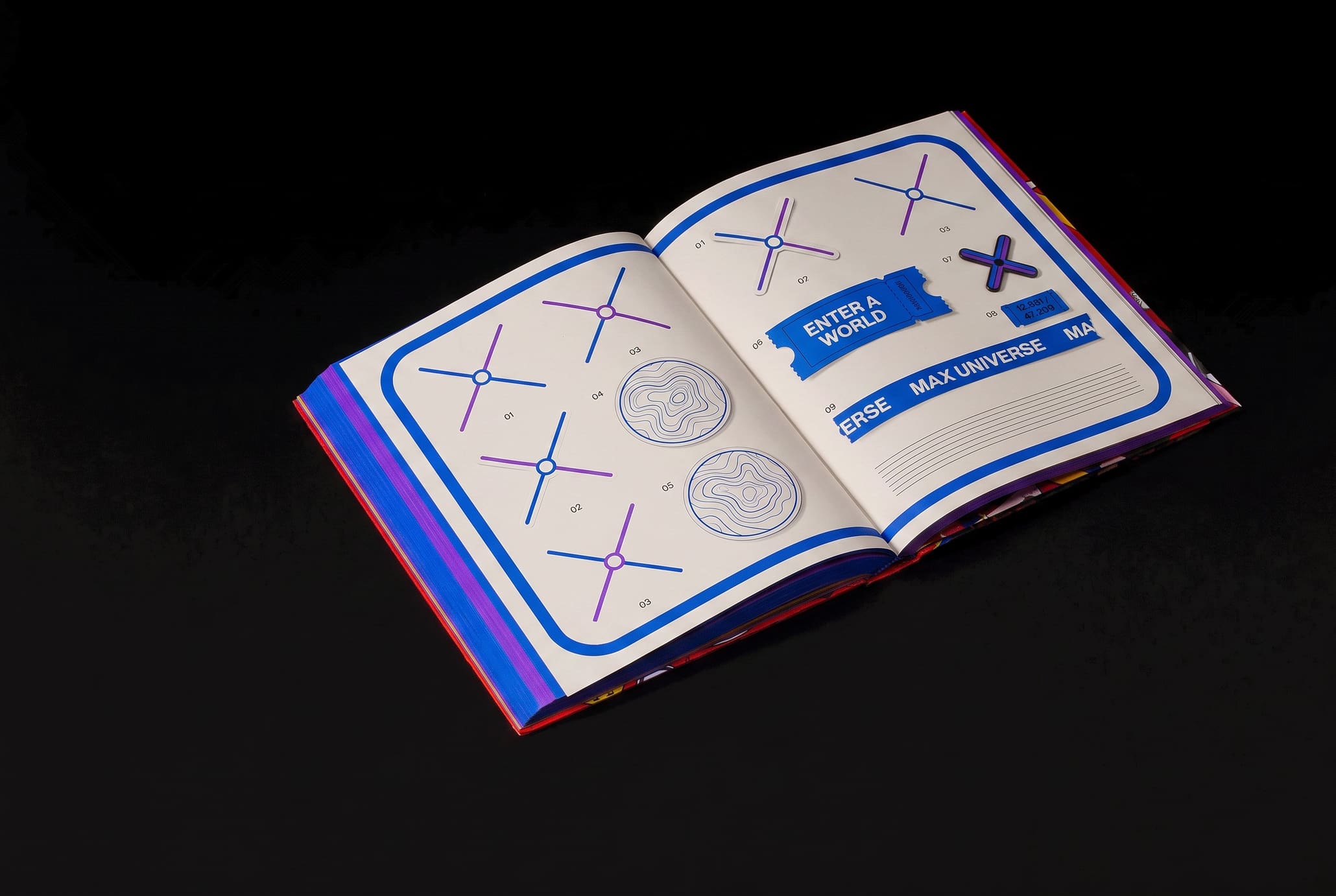 An angled open book showing a catalogue of flat blue and violet branded objects each with a reference number