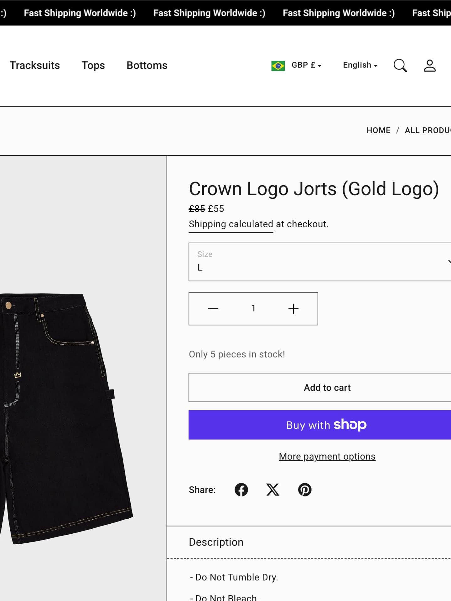 A product page buy box showing the sale price, size selector, quantity and both purchase buttons