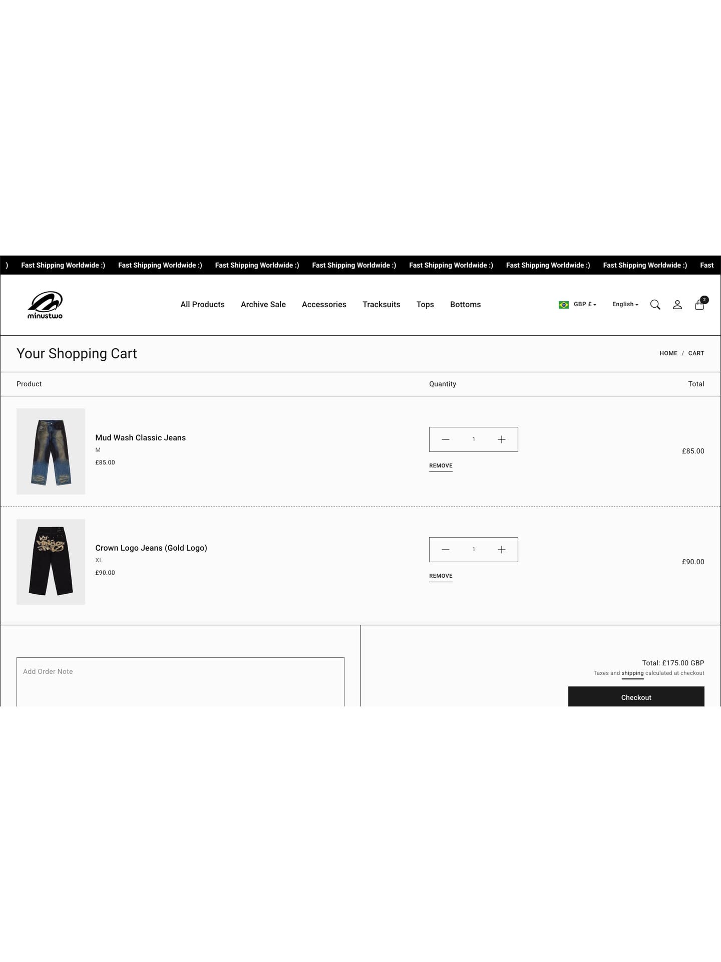The shopping cart with two line items, quantity steppers and the order total