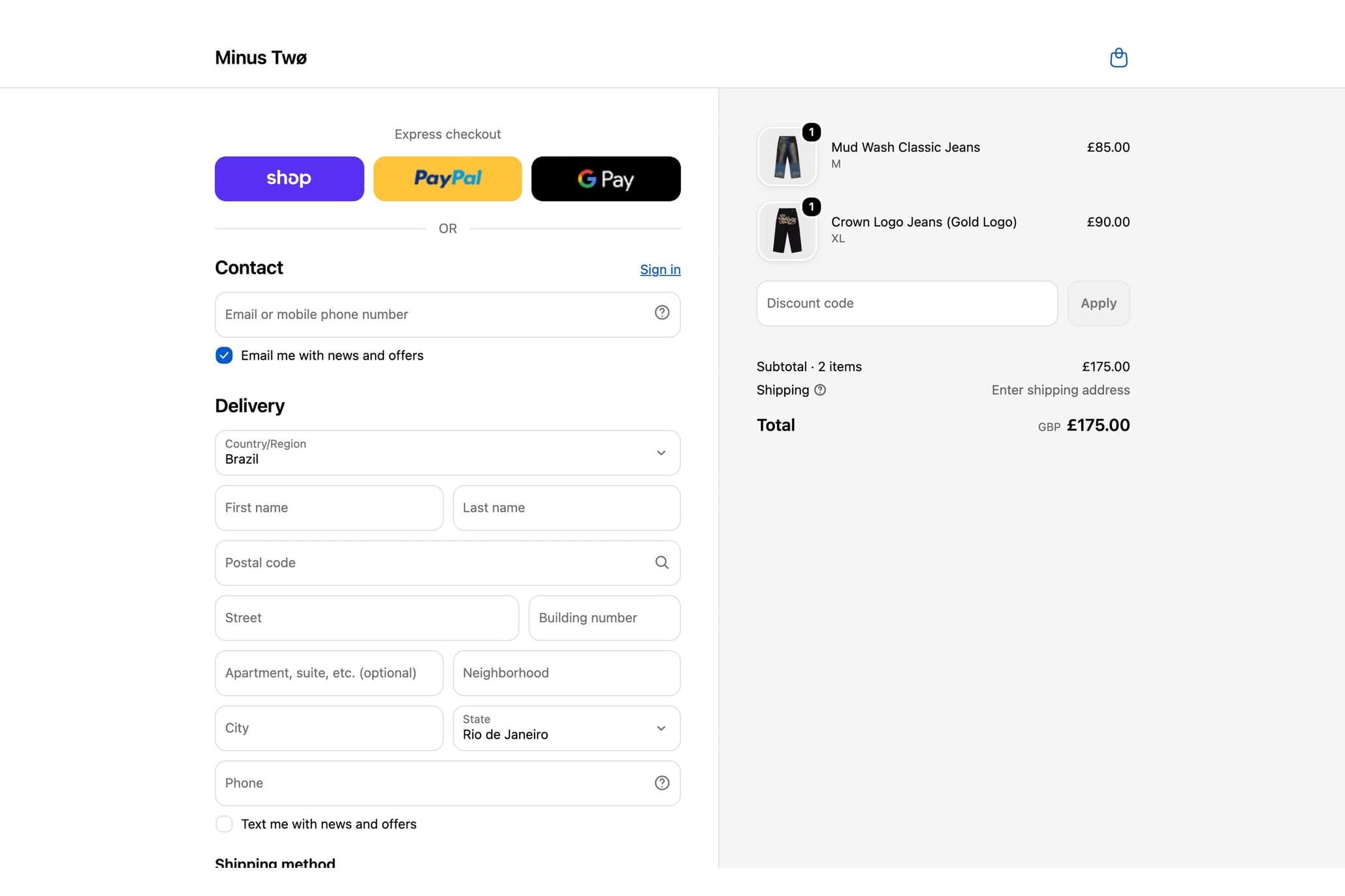 The checkout with Shop Pay, PayPal and Google Pay above the contact and delivery form
