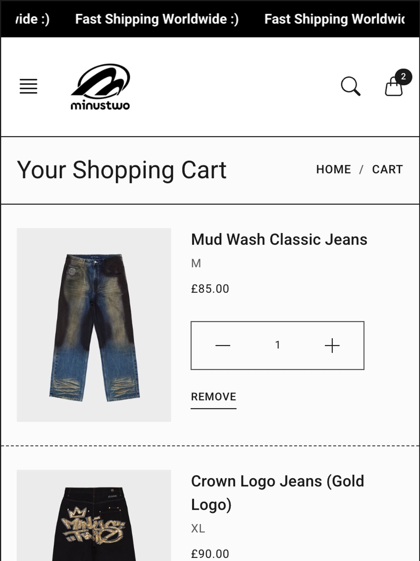 The cart on mobile with stacked line items and the running total