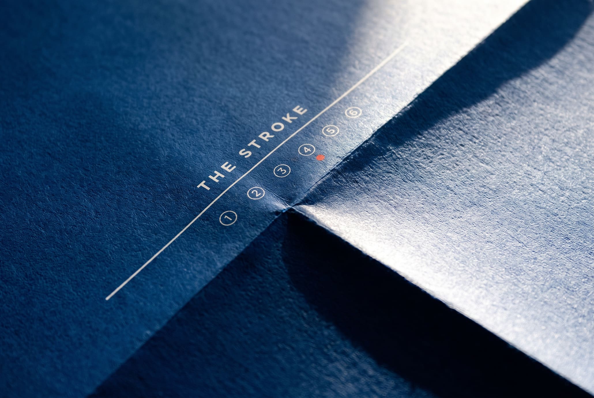 Raking macro of blue printed pages with white numerals and one red dot.
