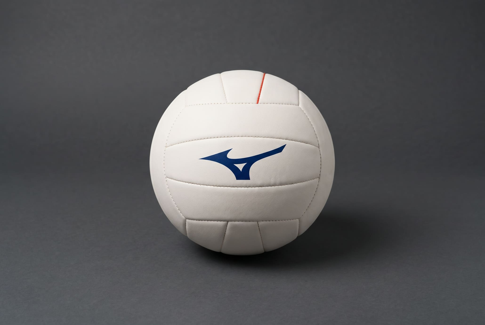 Macro of a bone white volleyball with a small blue Runbird on one panel.