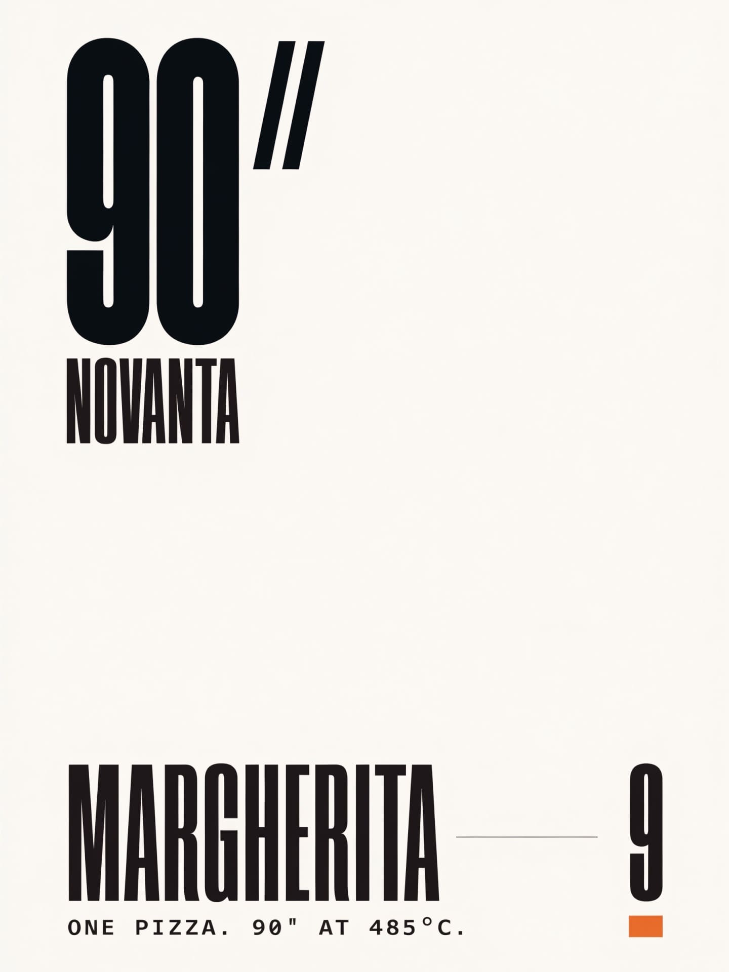 A flat menu sheet with the 90-seconds mark, one item reading MARGHERITA and the price 9