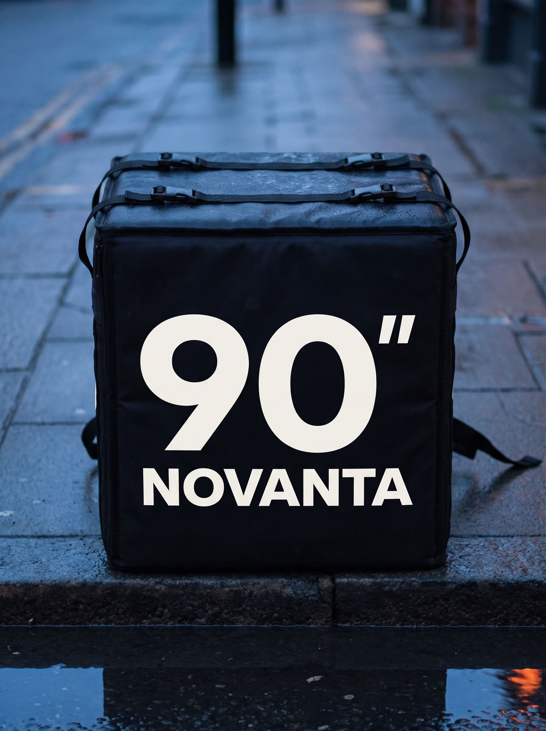 A black insulated delivery box standing on wet pavement, printed with the 90-seconds mark
