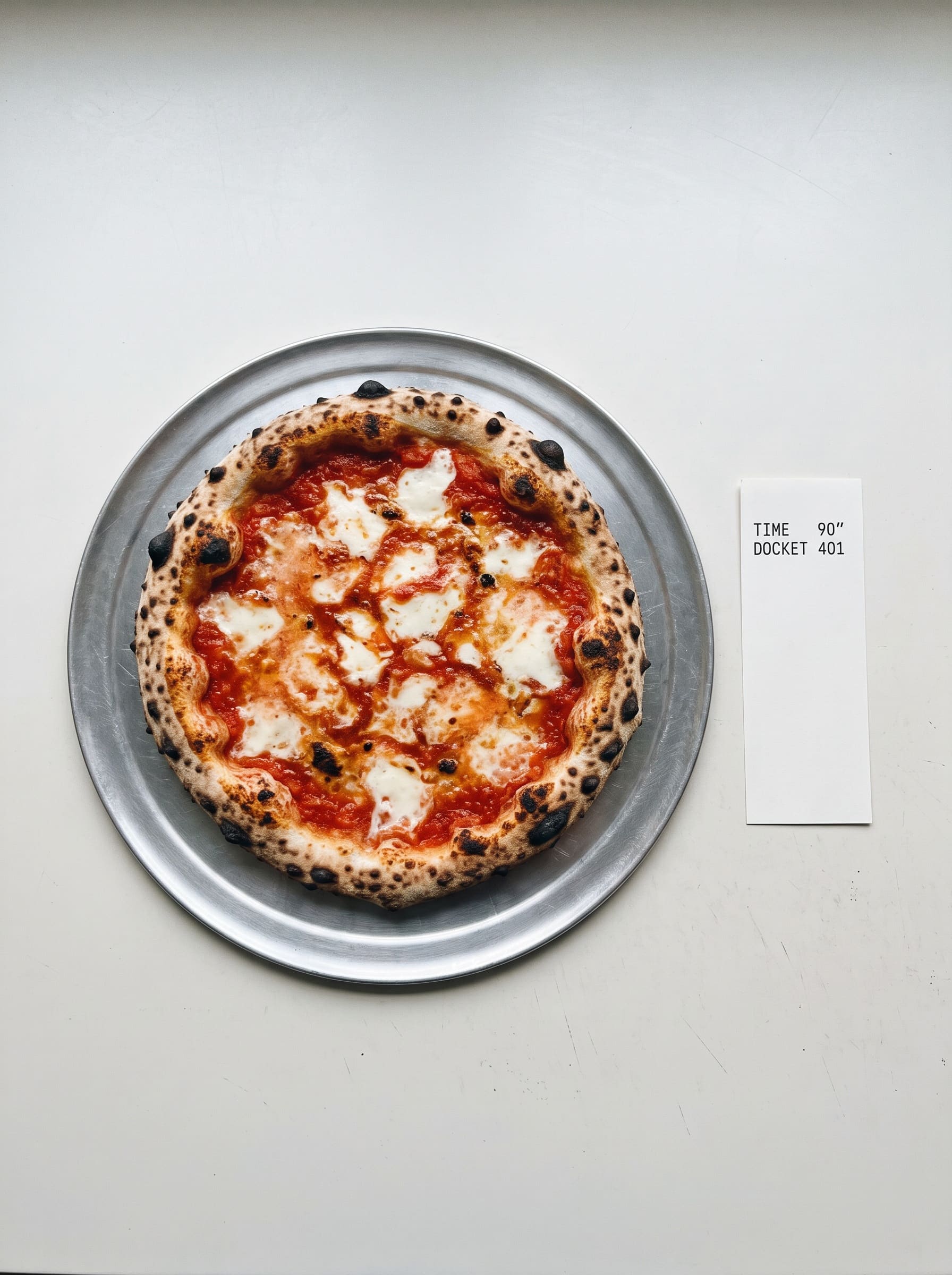 A blistered Neapolitan pizza on a steel tray beside a paper docket reading TIME 90 seconds
