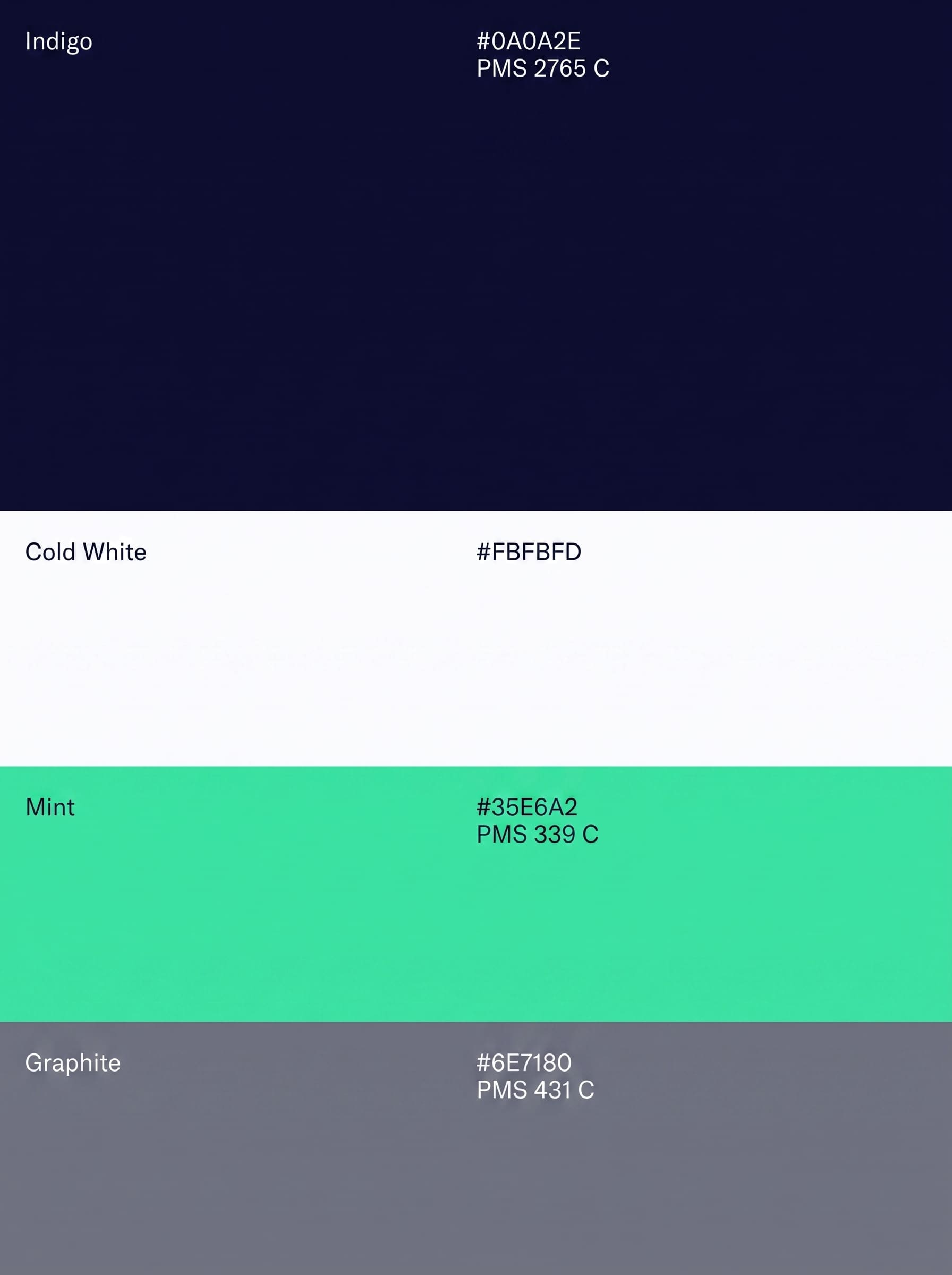 A flat colour specification sheet of four horizontal bands — indigo, cold white, mint and graphite — each labelled with its name and hex and Pantone codes