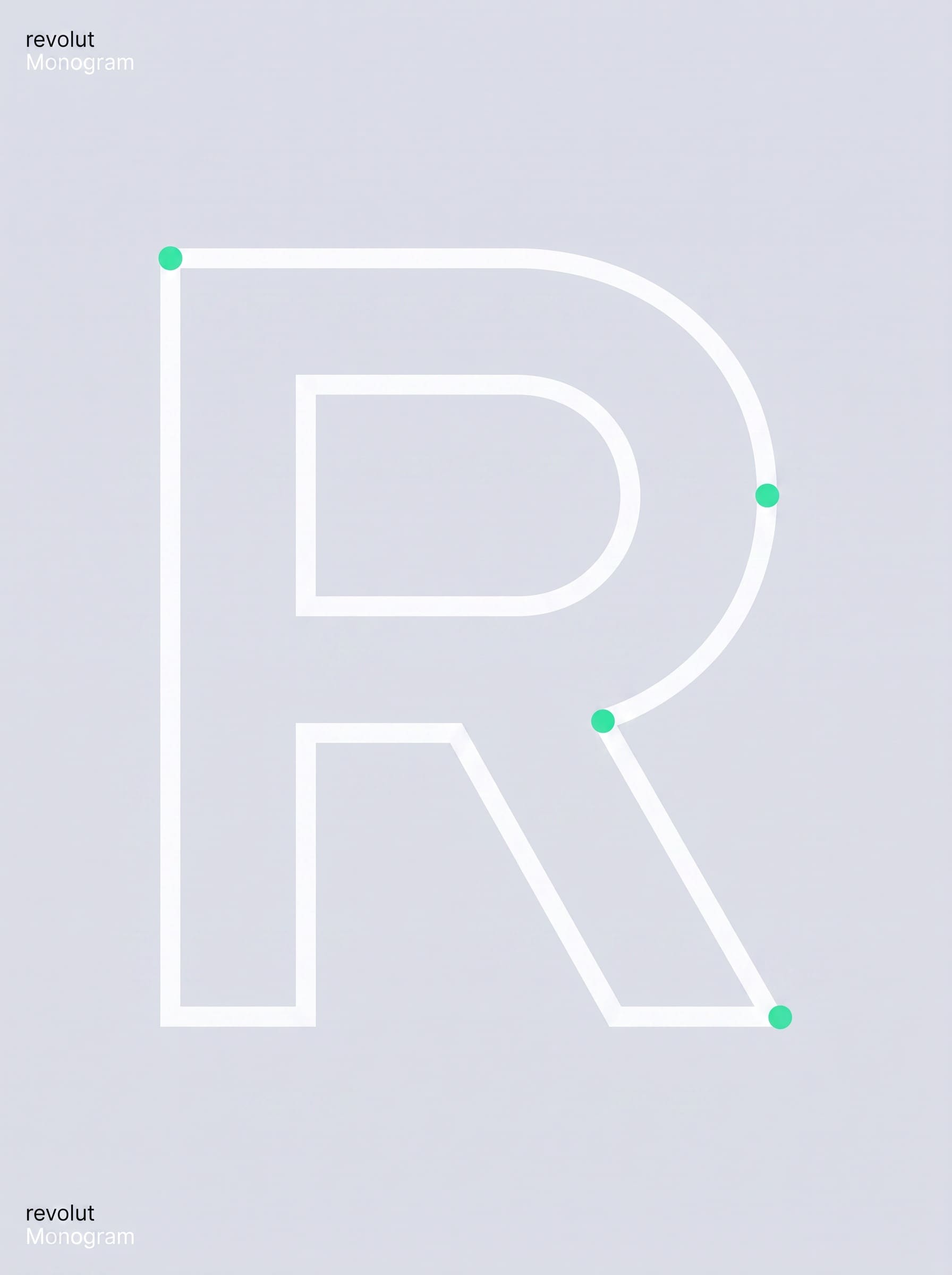 A flat tone-on-tone specimen sheet showing an enormous cold-white capital R drawn as one continuous stroke on pale steel, with four small mint dots at its tangent points