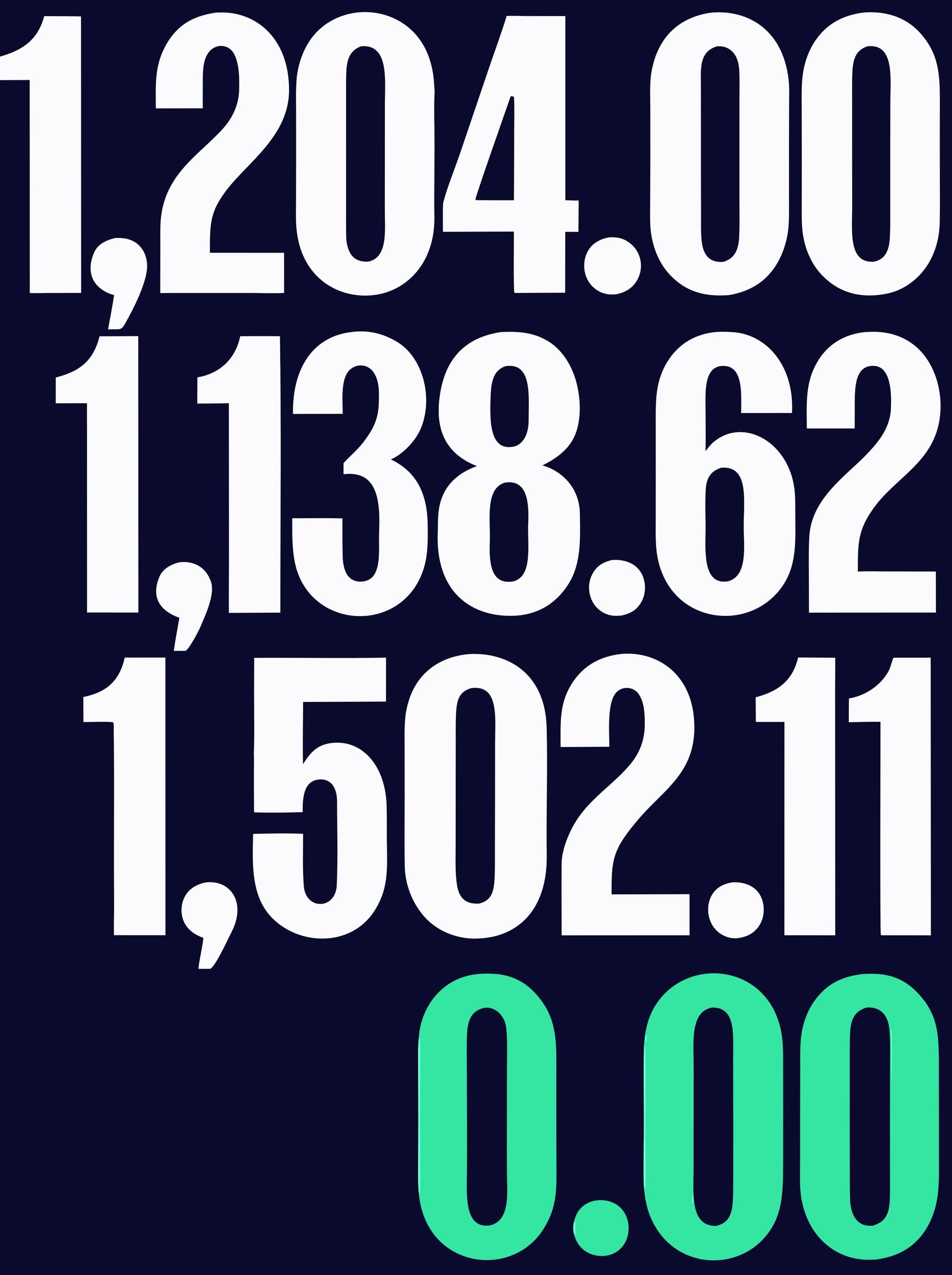 A flat indigo page filled with four lines of enormous tabular figures right-aligned on their decimal points, the last line set in mint