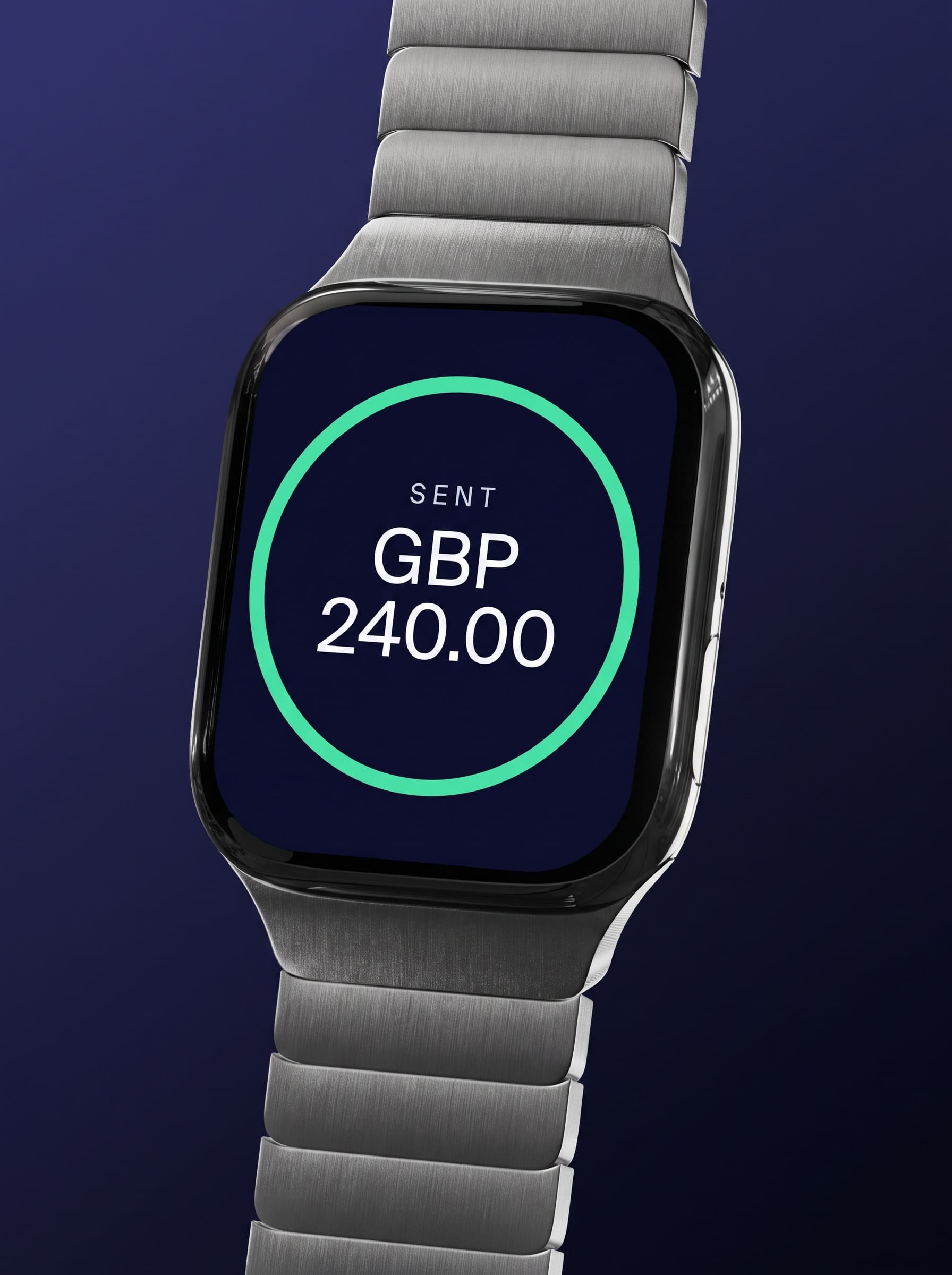 A brushed graphite smartwatch at a three-quarter angle, its indigo screen reading SENT above a tabular figure encircled by a single closed mint ring