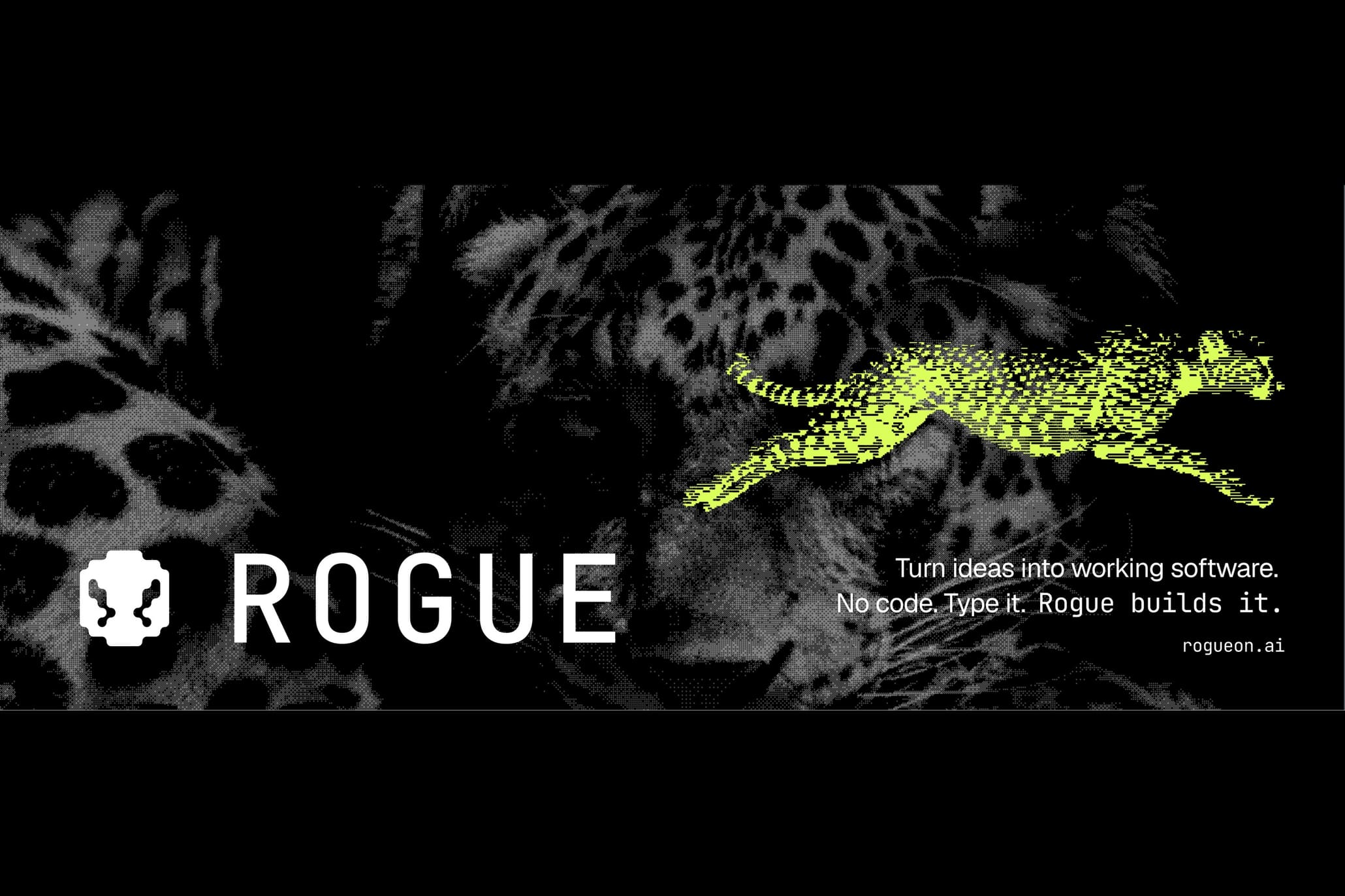 The white Rogue wordmark and jaguar symbol beside a yellow dithered jaguar on a dark leopard-print field
