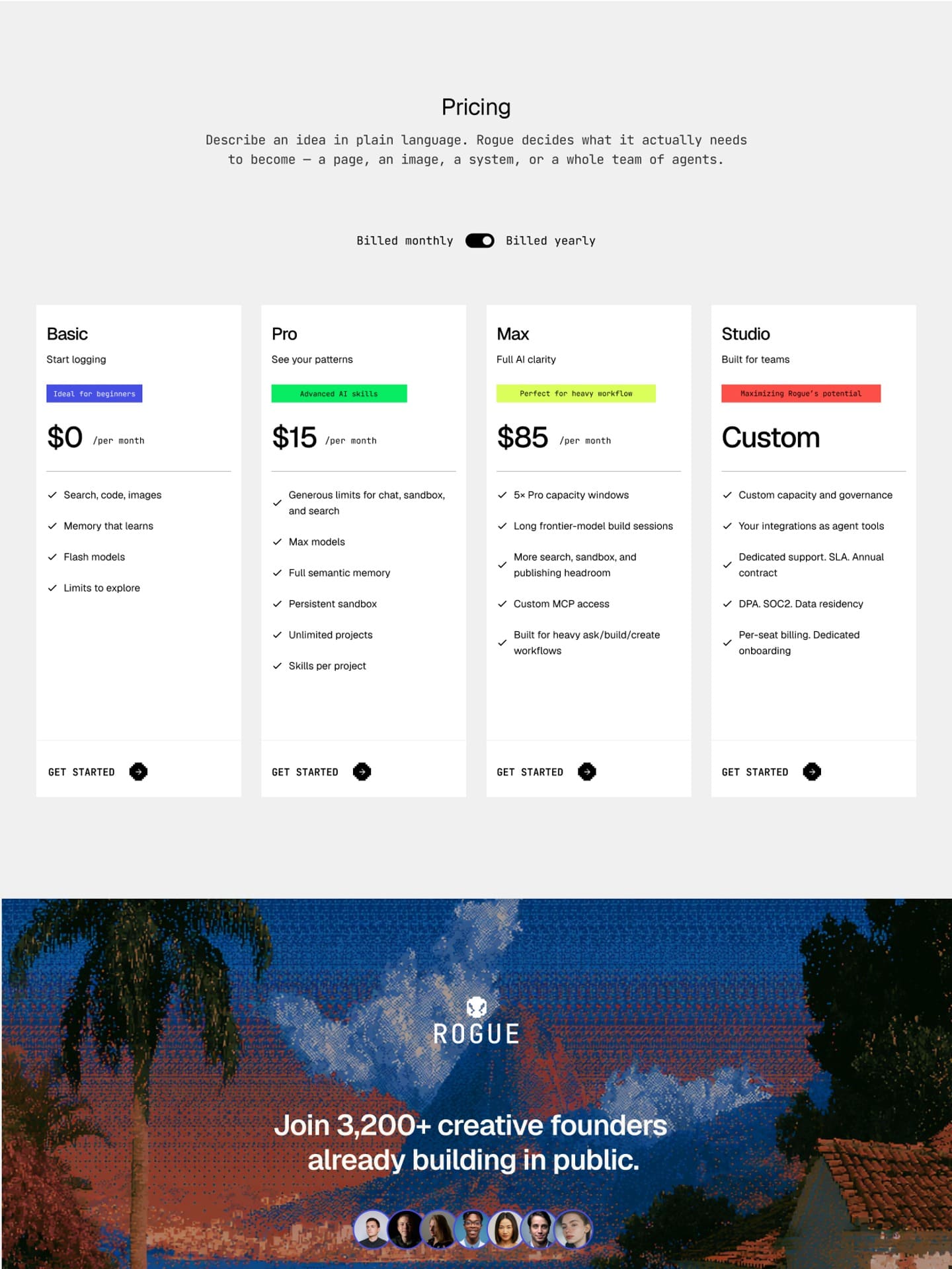 The Rogue pricing section showing Basic, Pro, Max and Studio plans