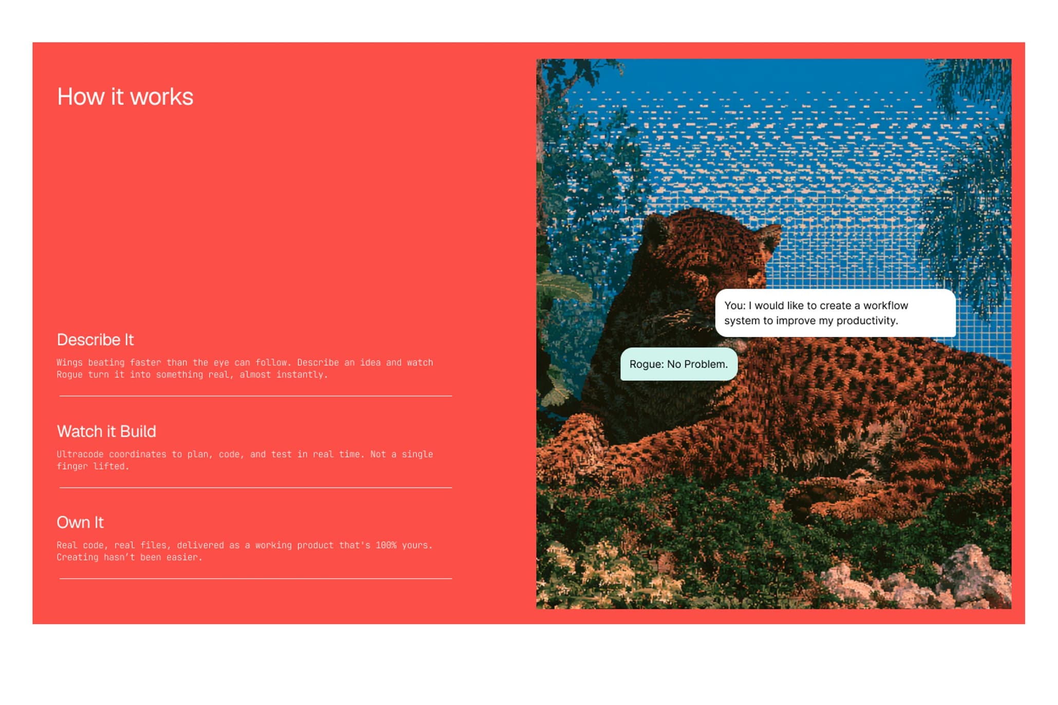 A coral section titled How it works beside a dithered jaguar with chat bubbles