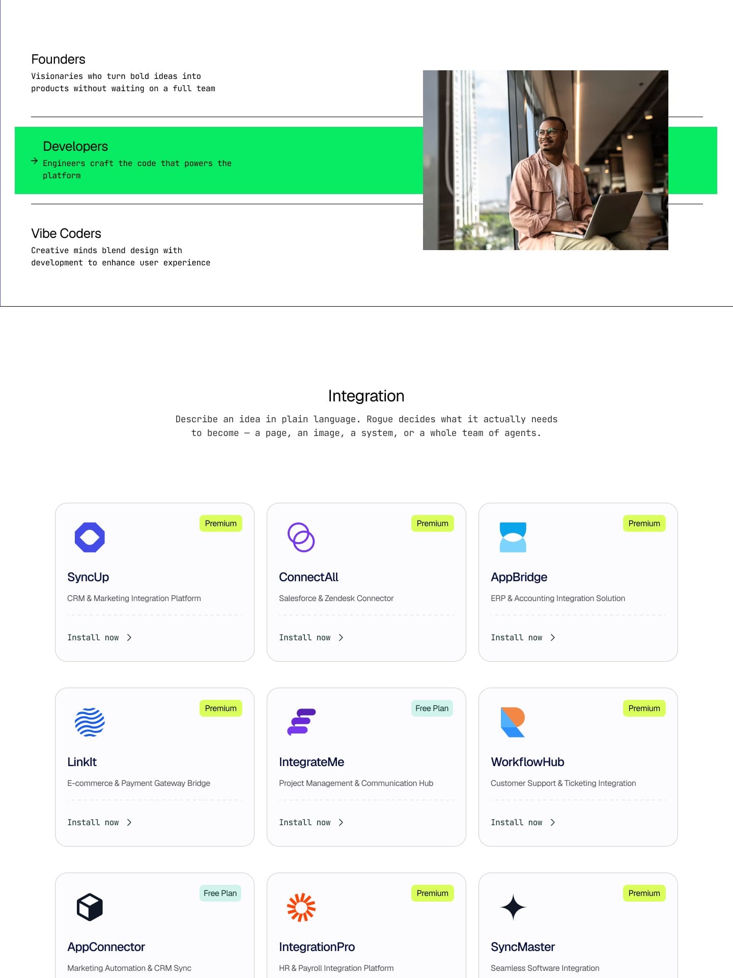 The Who is it for section with Founders, Developers and Vibe Coders rows