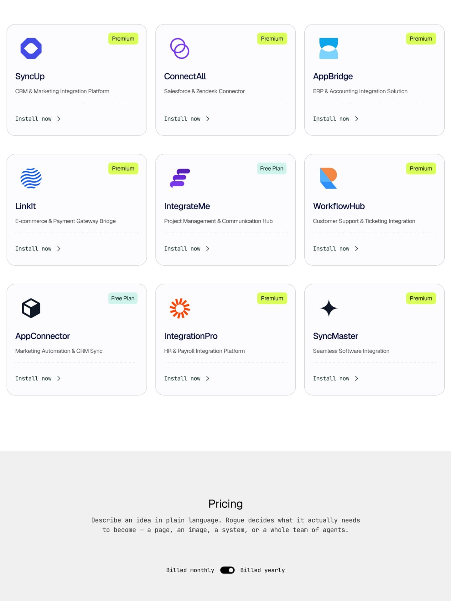 A grid of integration cards with plan badges