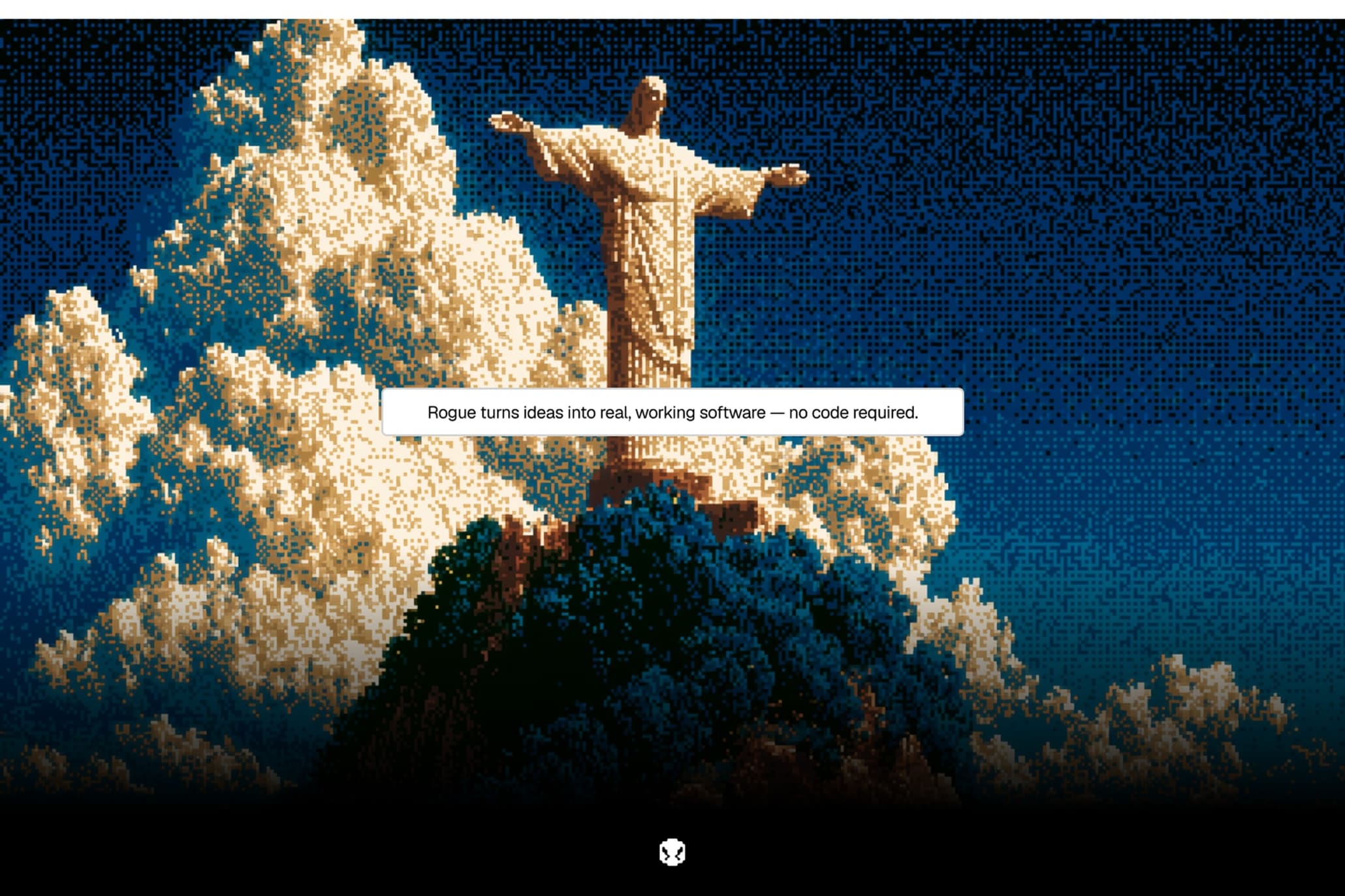 The Christ the Redeemer statue rendered as a dense colour dither with a caption chip