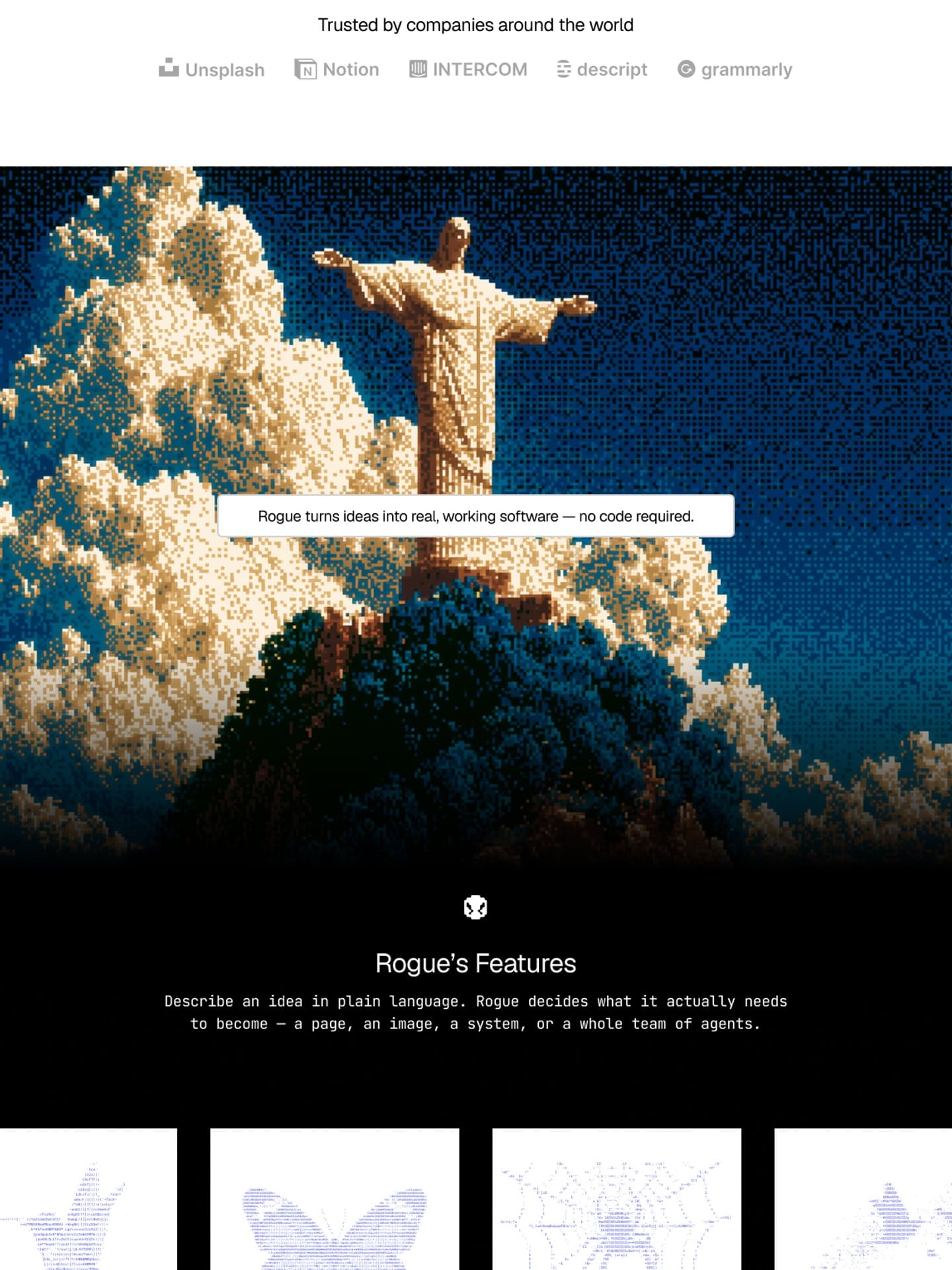 A client logo strip above the dithered Rio landmark and the features section