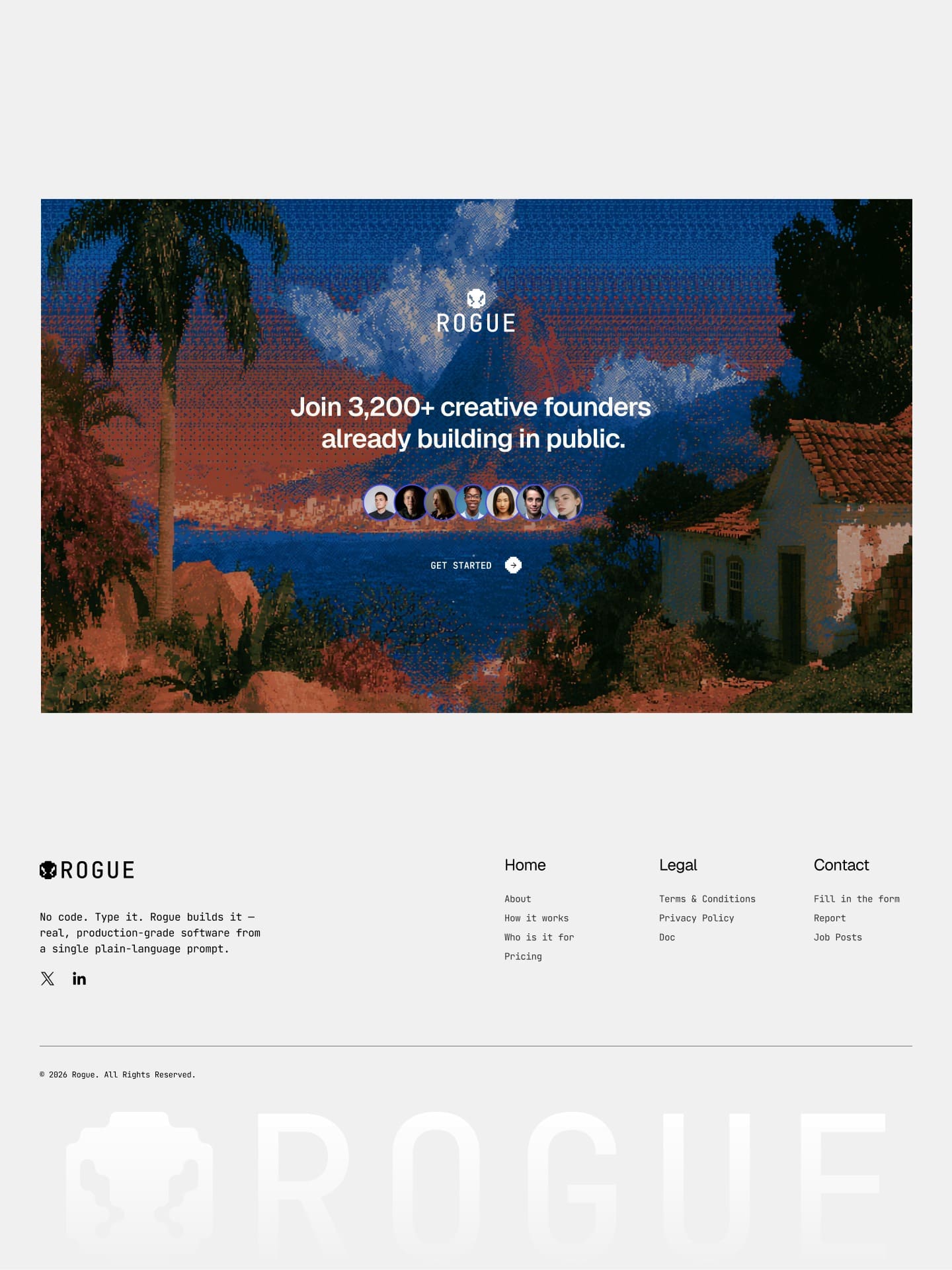 A dithered tropical scene inviting founders to build in public, above the footer