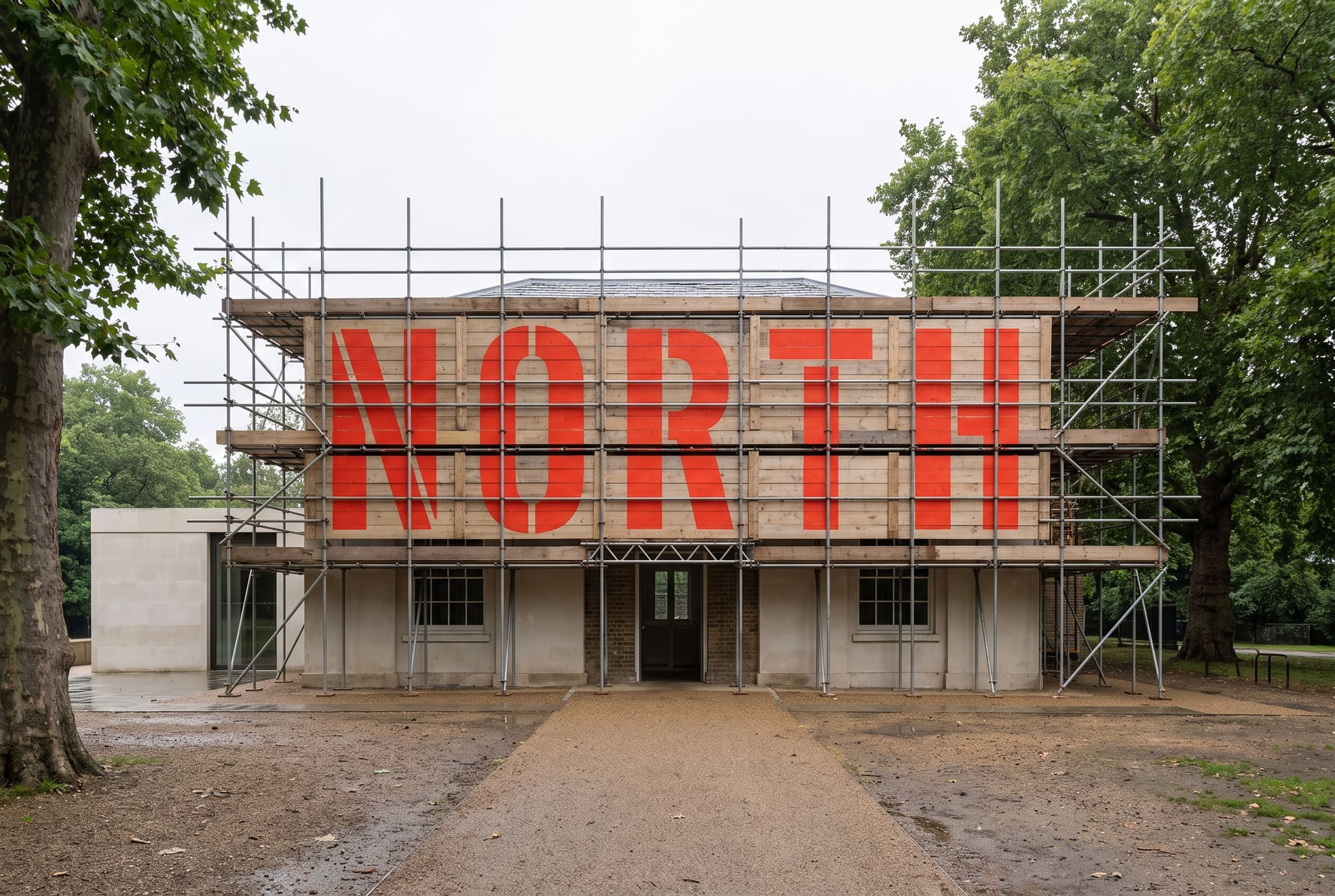 Georgian park building with scaffolding carrying a giant red stencilled NORTH
