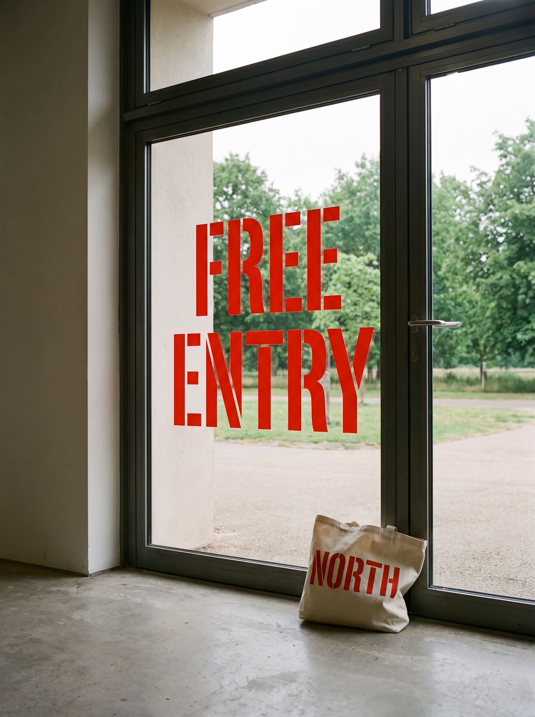 An off-white tote bag stencilled NORTH stands upright on the concrete floor just inside the gallery's glass entrance doors