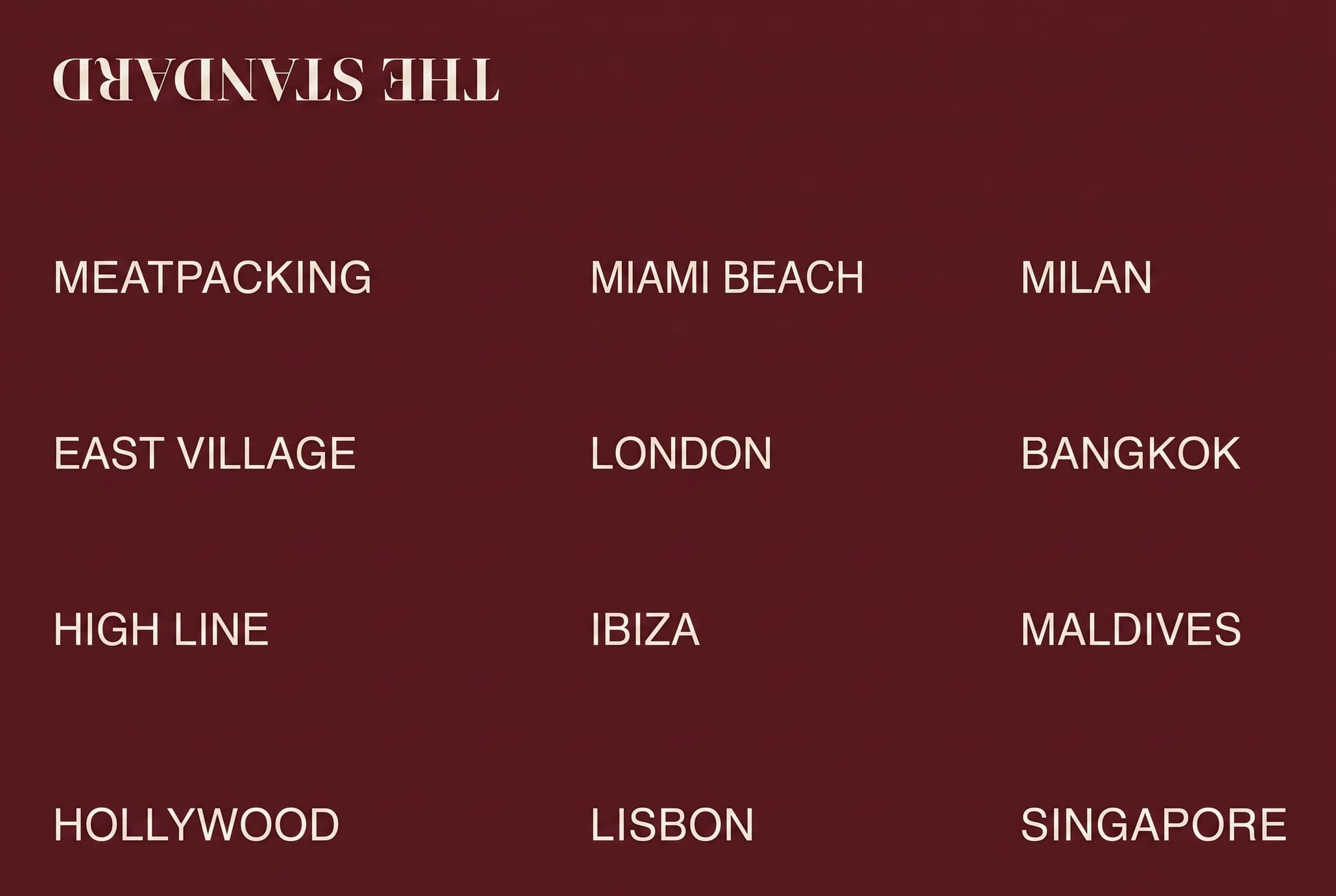 Flat oxblood field with twelve property names set in small cream grotesque capitals across three columns.