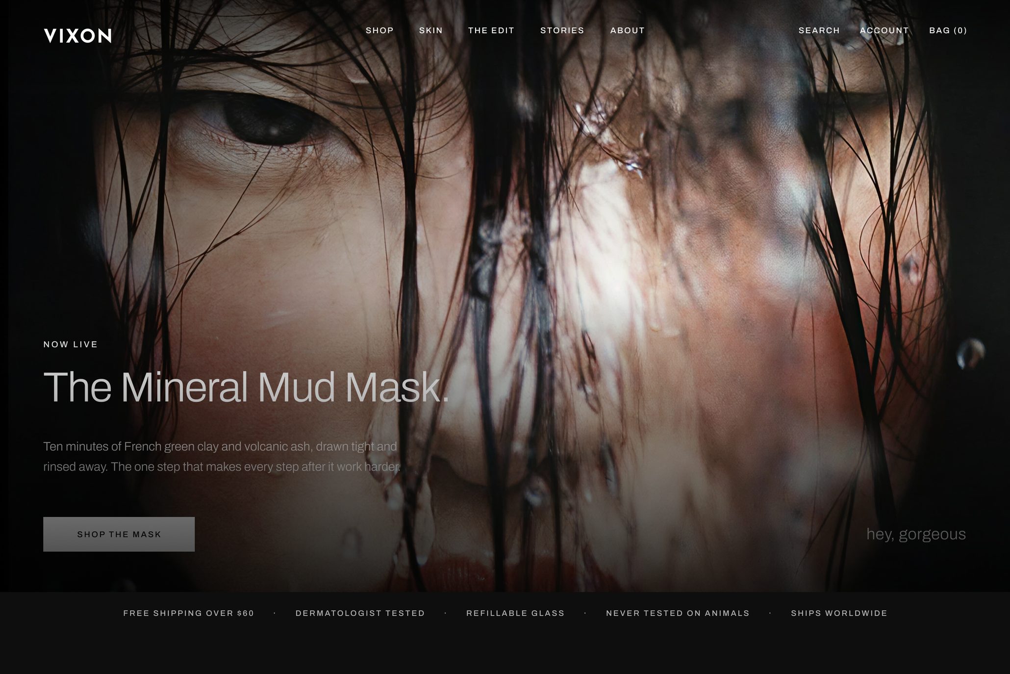 A Vixon skincare homepage with close-up portrait photography and a Mineral Mud Mask headline